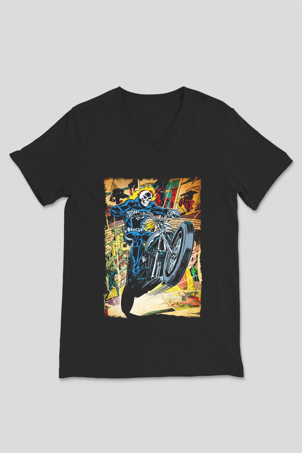 Ghost Rider Hayalet Sürücü Siyah Unisex  V Yaka Tişört