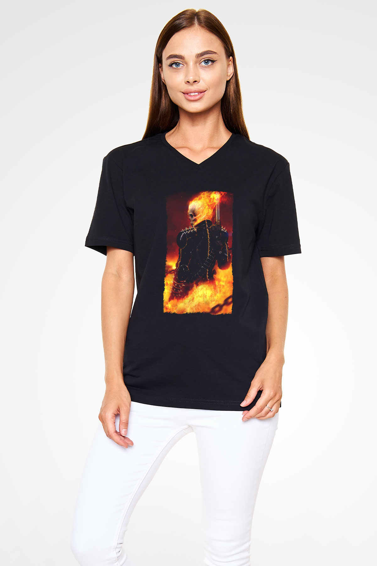 Ghost Rider Hayalet Sürücü Siyah Unisex  V Yaka Tişört