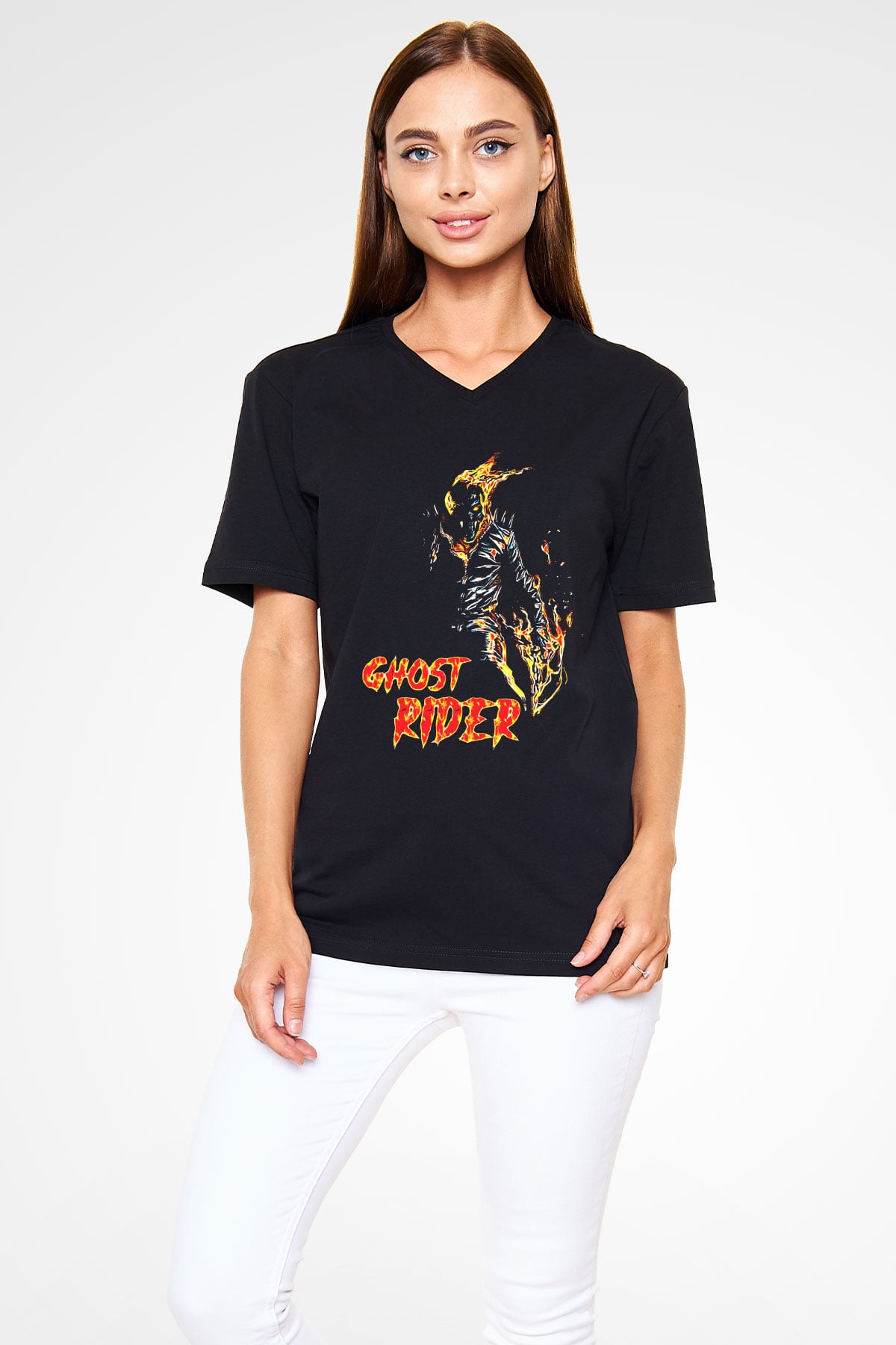 Ghost Rider Hayalet Sürücü Siyah Unisex  V Yaka Tişört