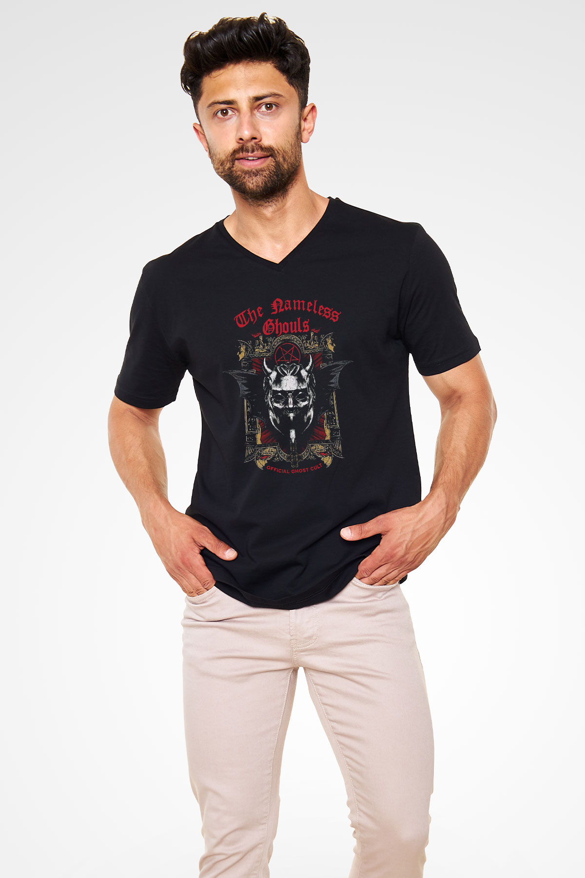 Ghost Siyah Unisex V Yaka Tişört T-Shirt