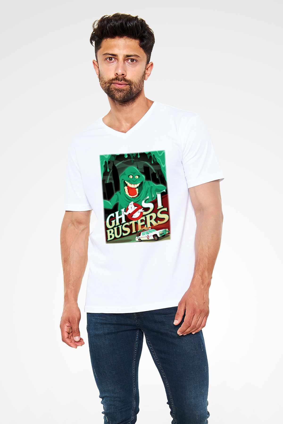 Ghostbusters Hayalet Avcıları Beyaz Unisex V Yaka Tişört T-Shirt