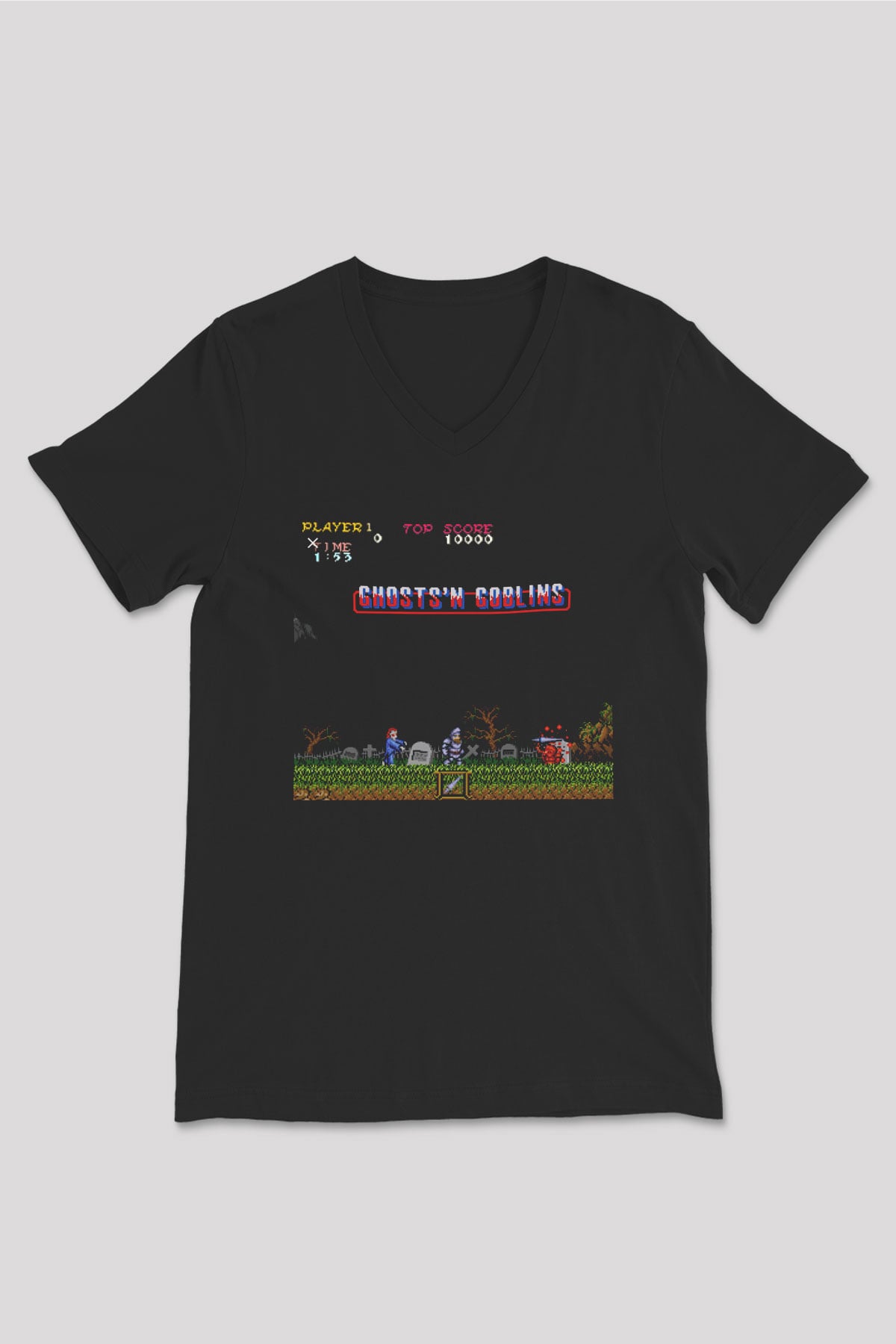 Ghosts n Goblins Siyah Unisex V Yaka Tişört