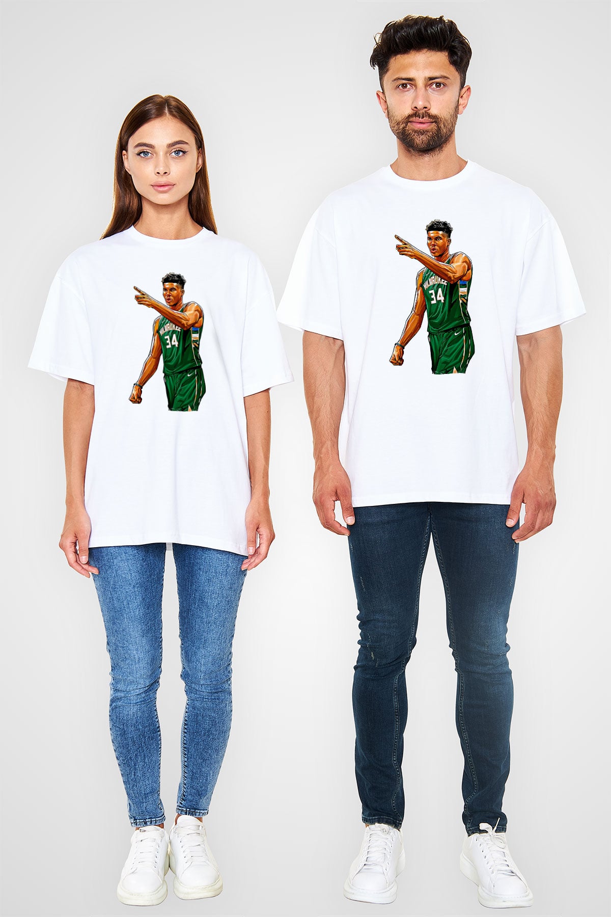 Giannis Antetokounpma Baskılı Beyaz Unisex Oversize Tişört - Tshirt