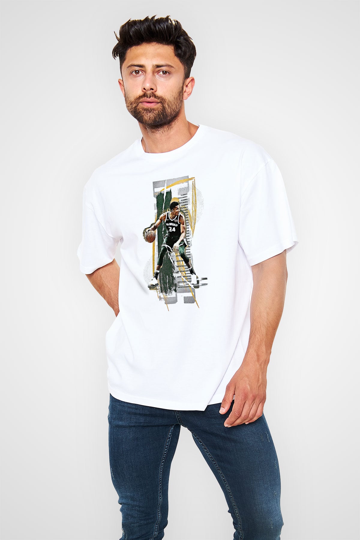 Giannis Antetokounpma Baskılı Beyaz Unisex Oversize Tişört - Tshirt