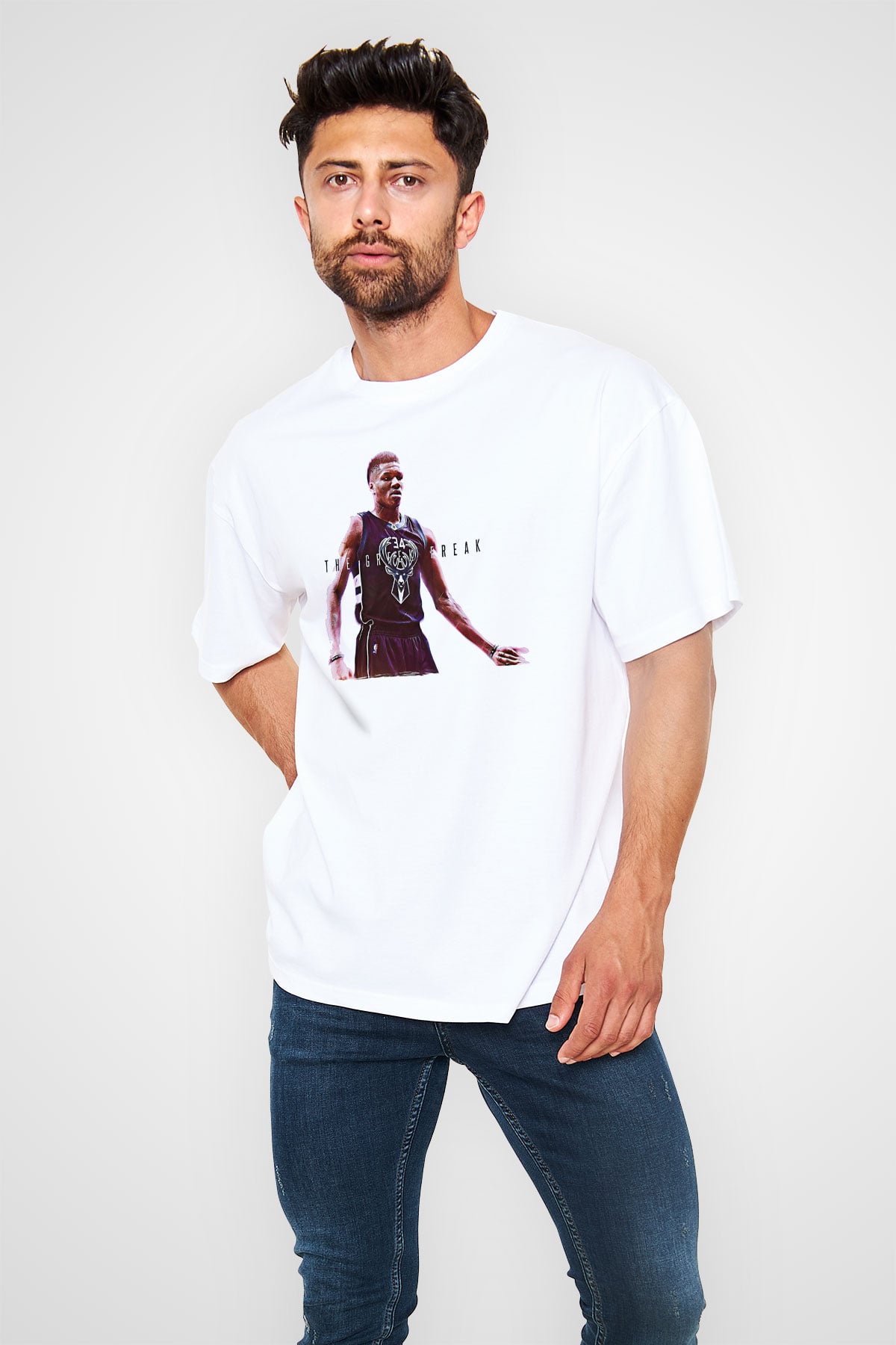 Giannis Antetokounpma Baskılı Beyaz Unisex Oversize Tişört - Tshirt