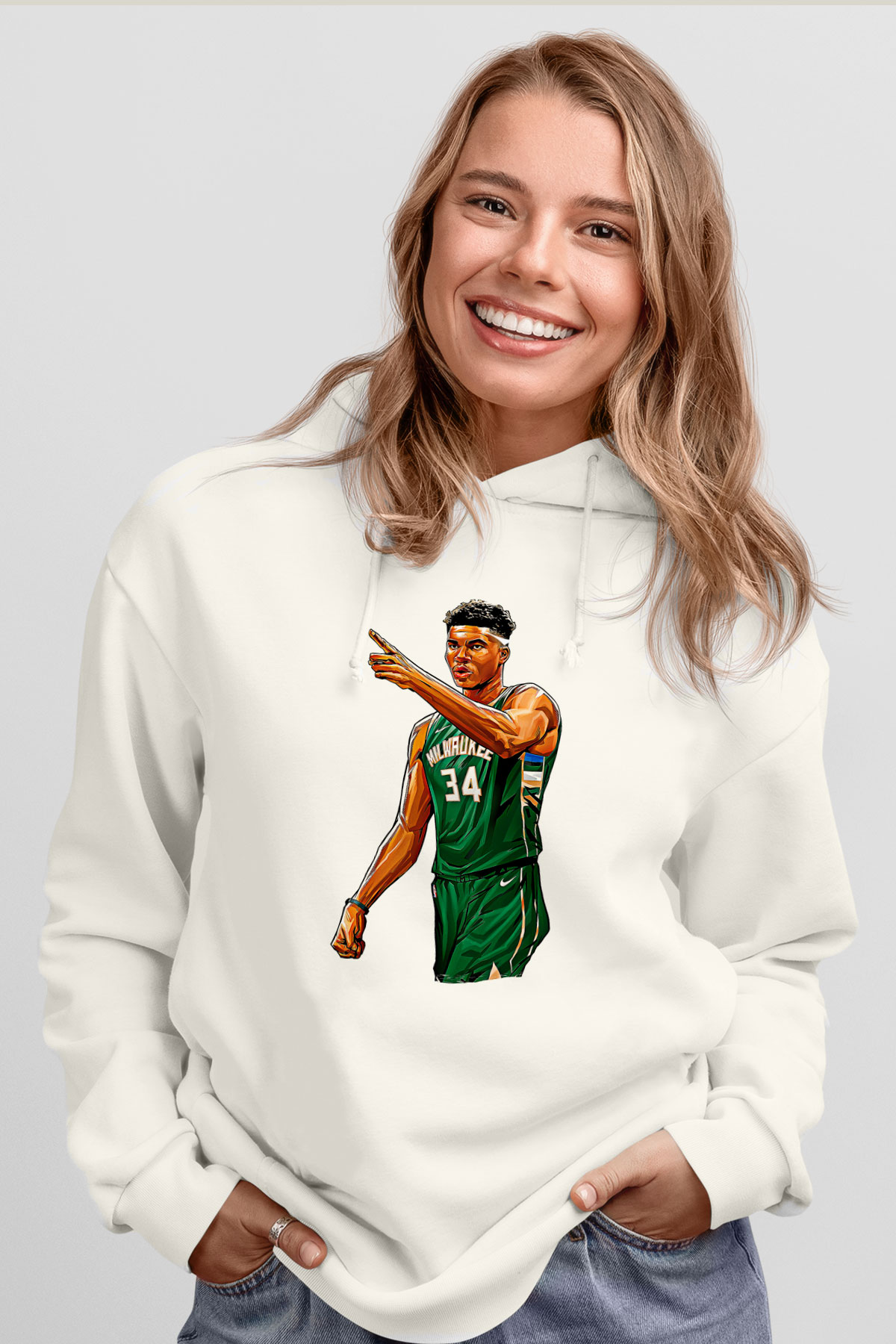 Giannis Antetokounpma Baskılı Beyaz Unisex Kapüşonlu Sweatshirt