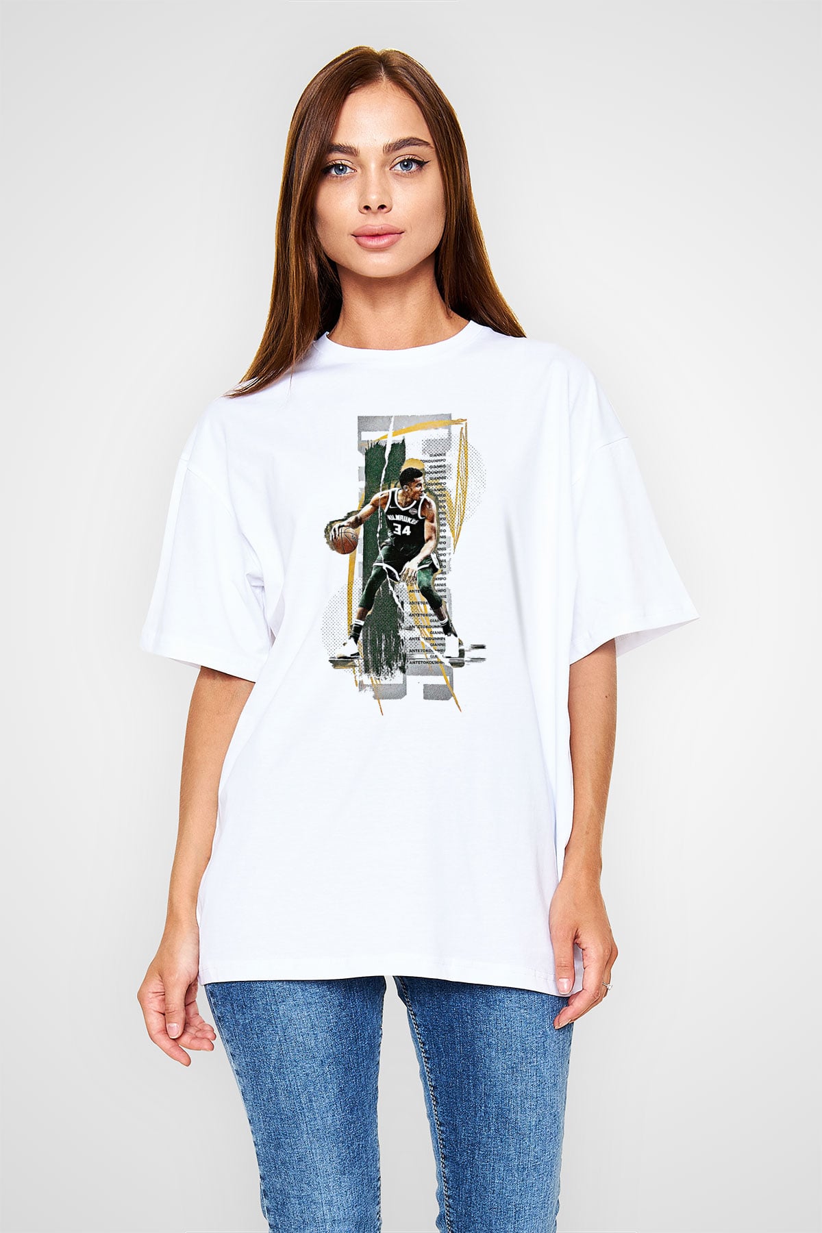 Giannis Antetokounpma Baskılı Beyaz Unisex Oversize Tişört - Tshirt