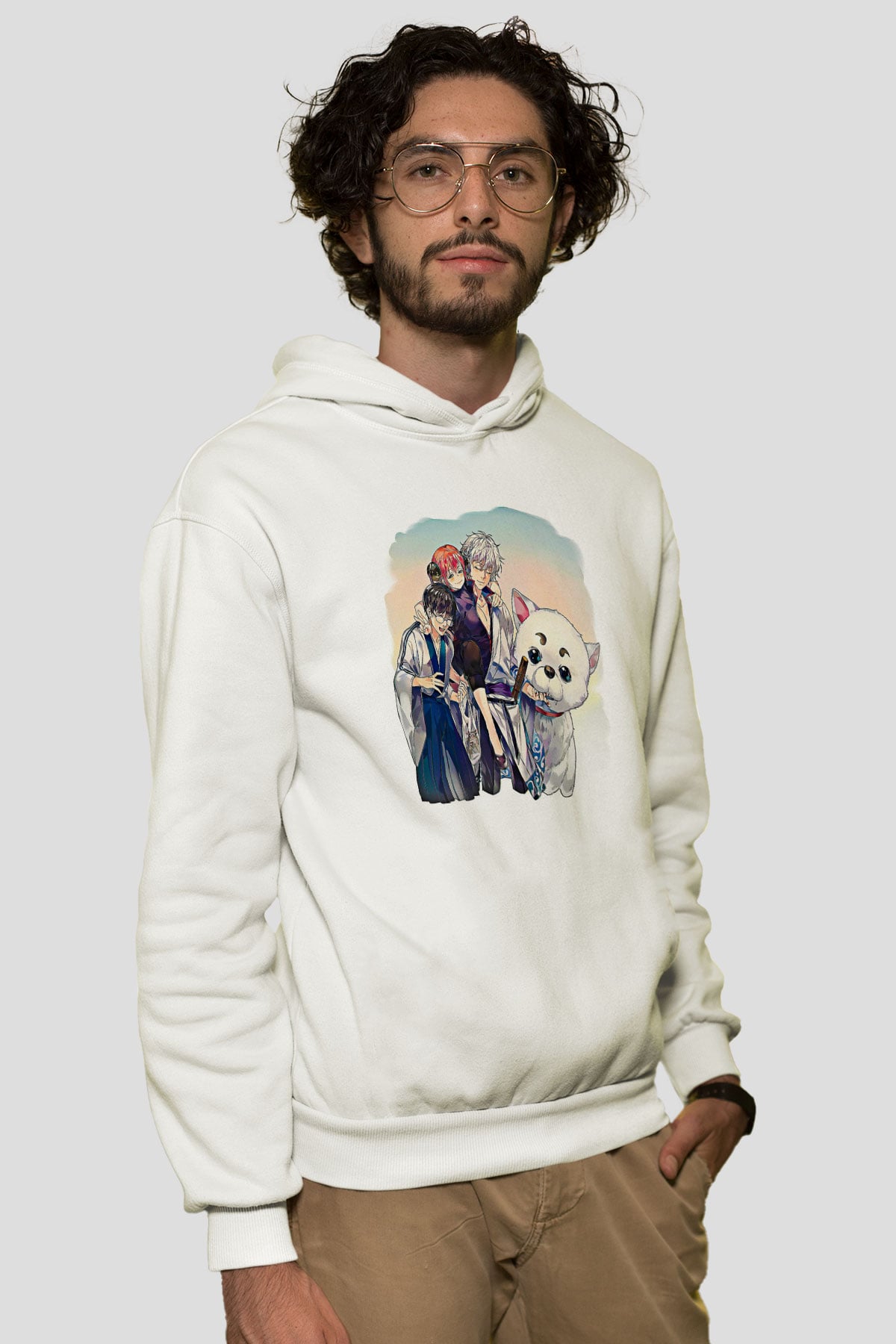 Gintama Baskılı Beyaz Unisex Hoodie
