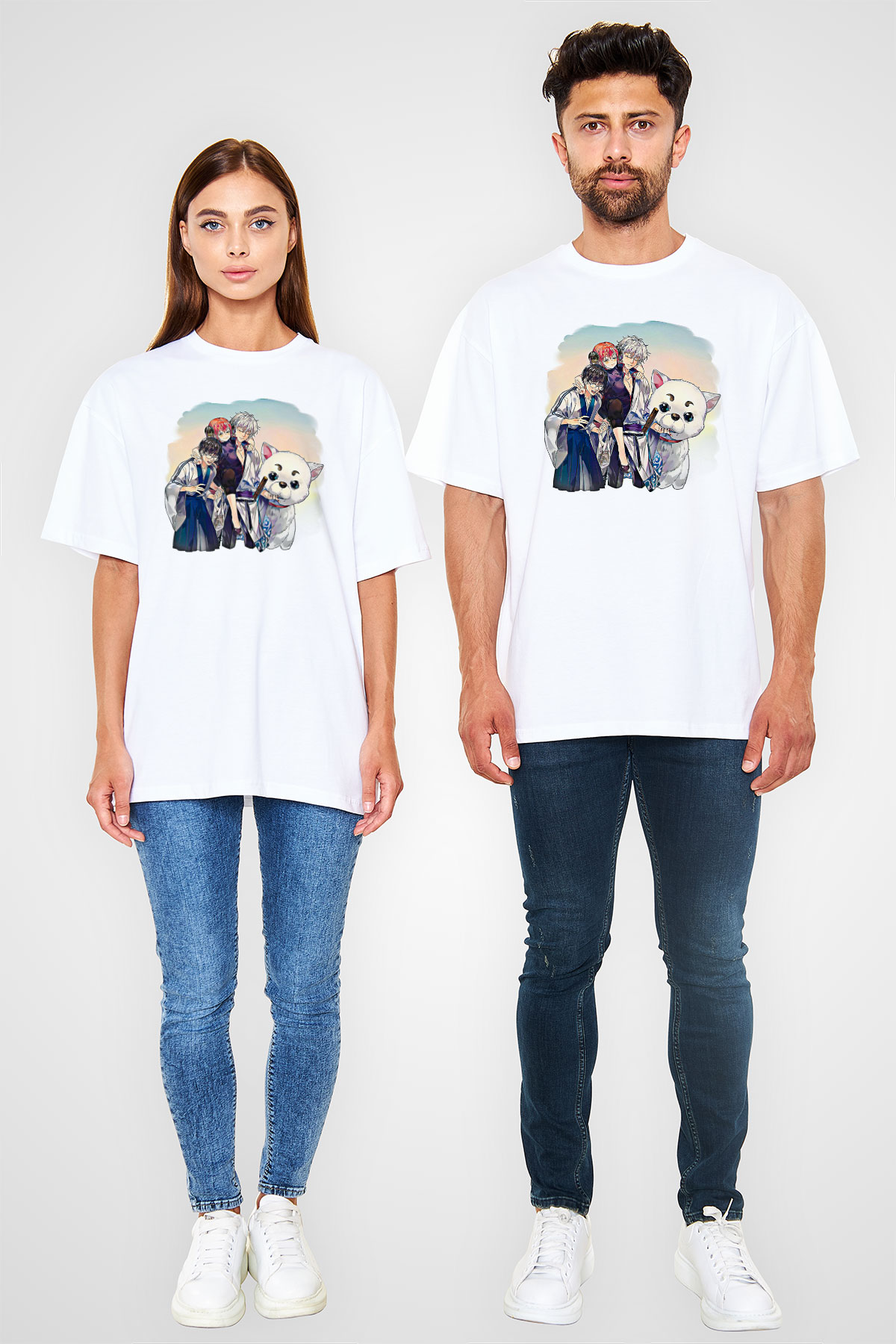 Gintama Baskılı Beyaz Unisex Oversize Tişört - Tshirt