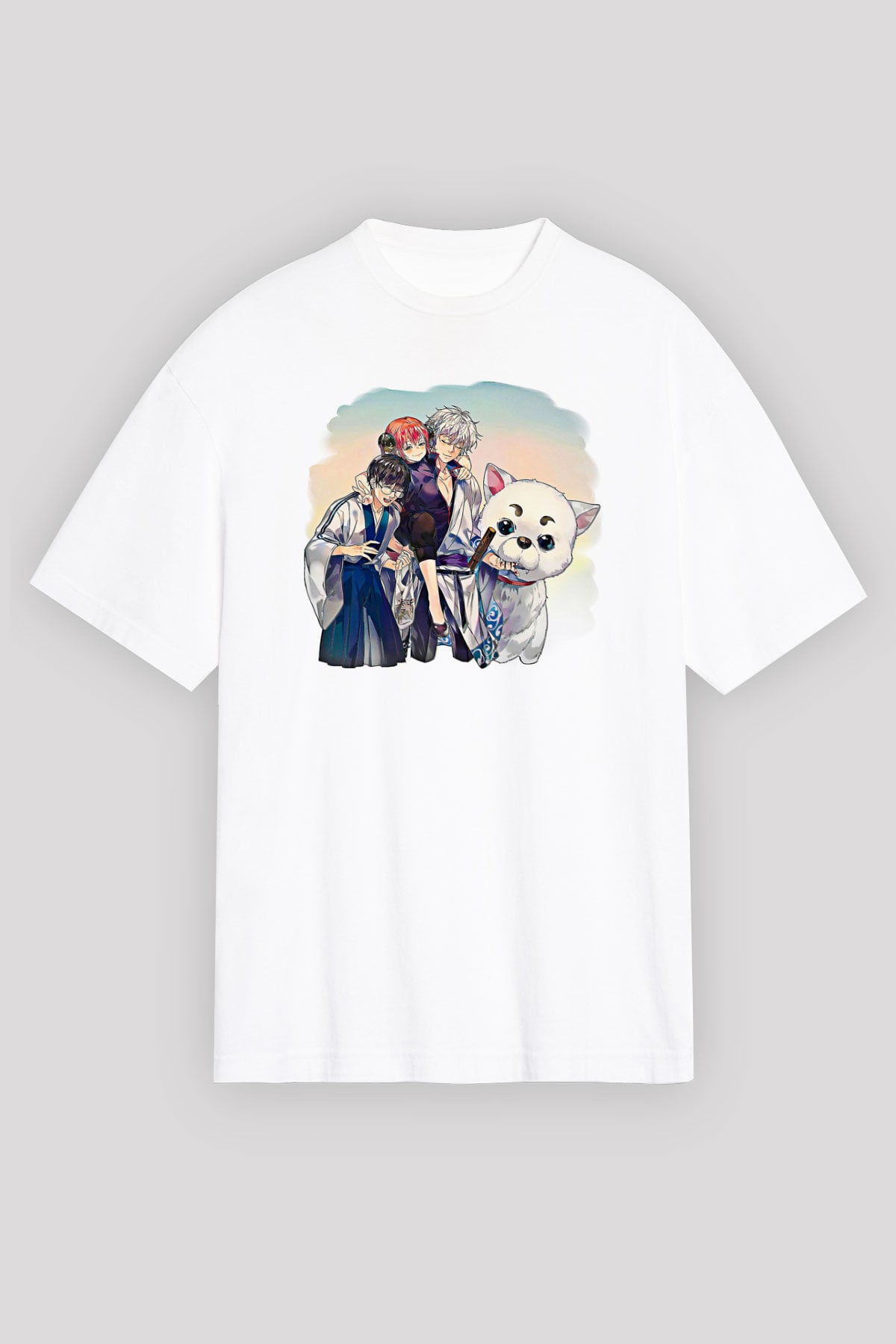 Gintama Baskılı Beyaz Unisex Oversize Tişört - Tshirt
