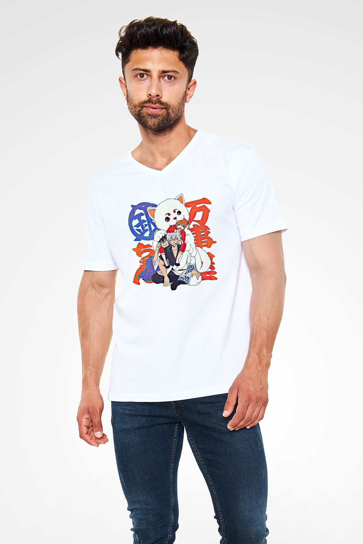 Gintama Baskılı Beyaz Unisex V Yaka Tişört - Tshirt