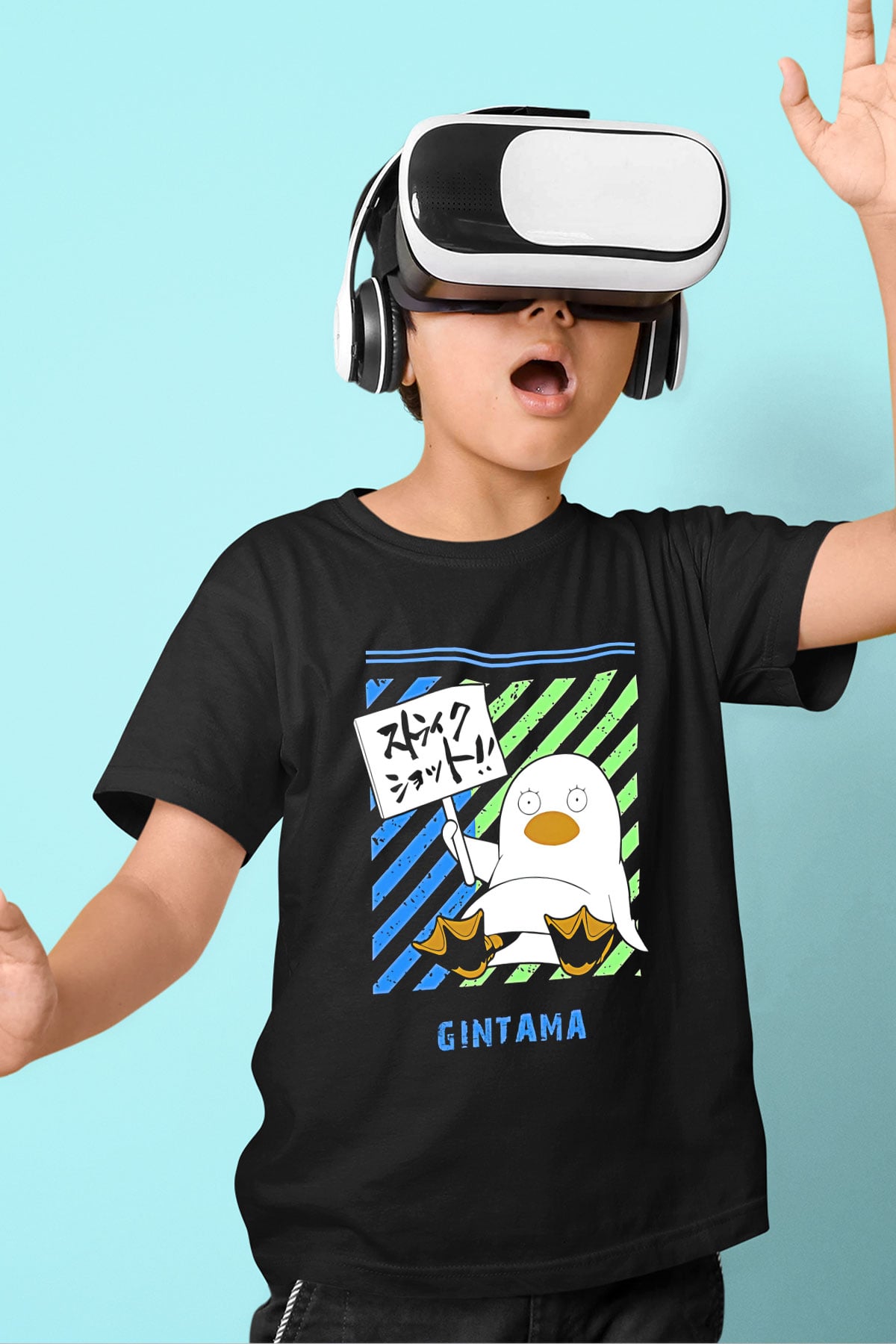 Gintama Baskılı Unisex Siyah Çocuk Tişört - Tshirt