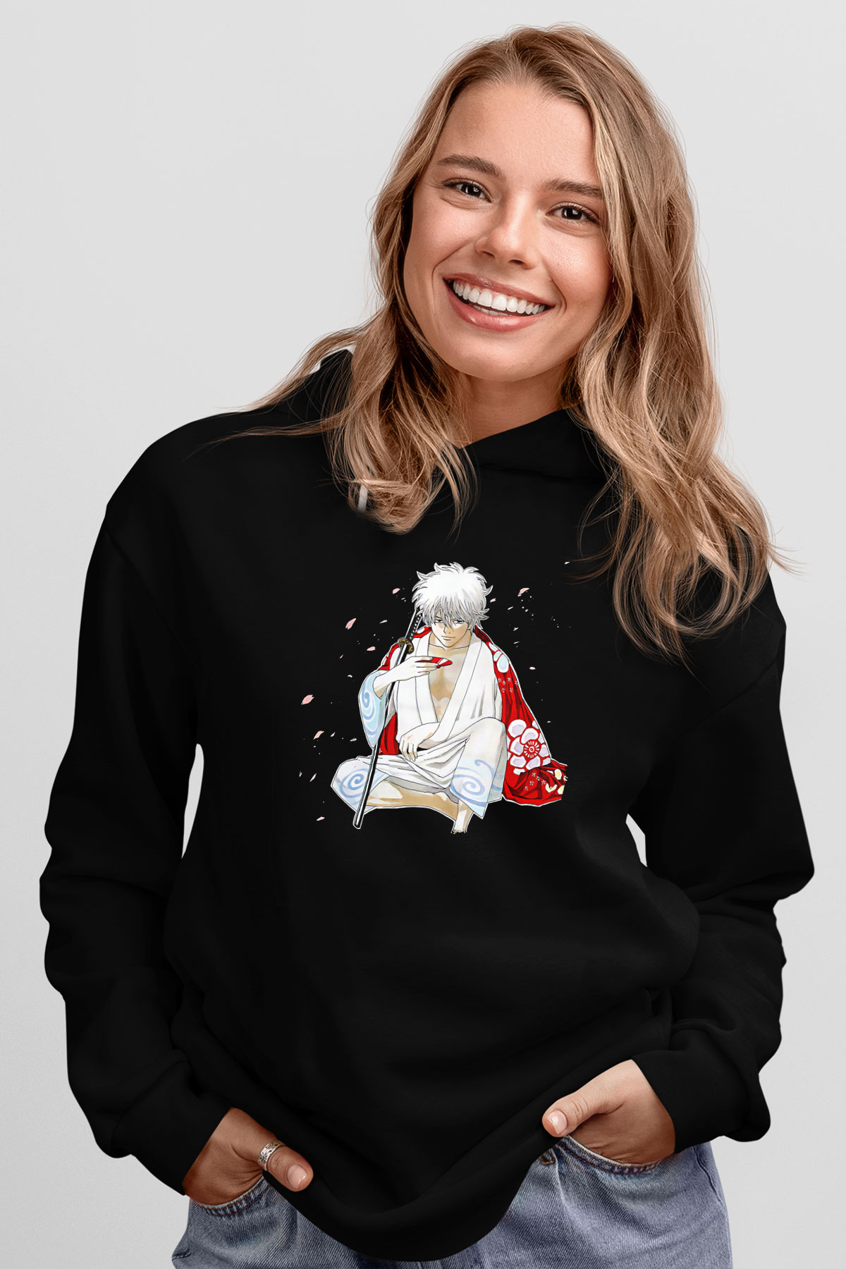 Gintama Baskılı Unisex Siyah Hoodie
