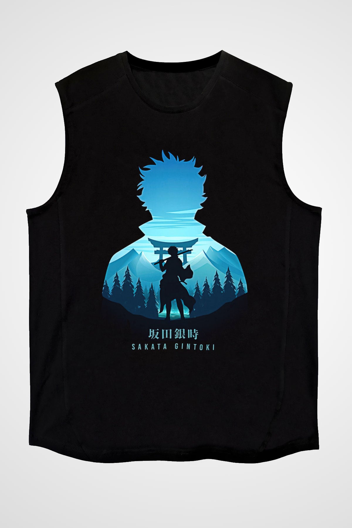 Gintama Baskılı Unisex Siyah Kolsuz Tişört - Tshirt