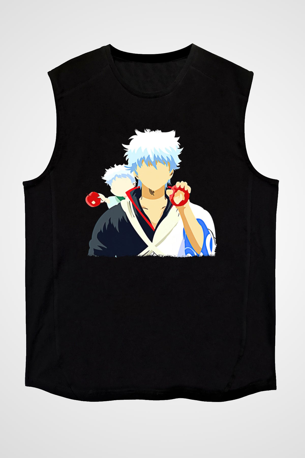 Gintama Baskılı Unisex Siyah Kolsuz Tişört - Tshirt