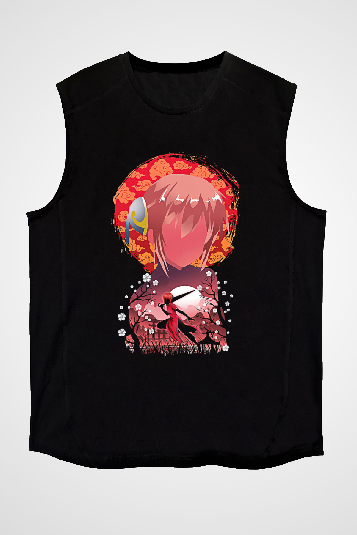 Gintama Baskılı Unisex Siyah Kolsuz Tişört - Tshirt