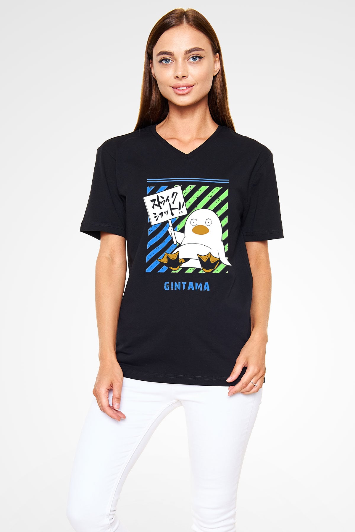 Gintama Baskılı Unisex Siyah V Yaka Tişört - Tshirt