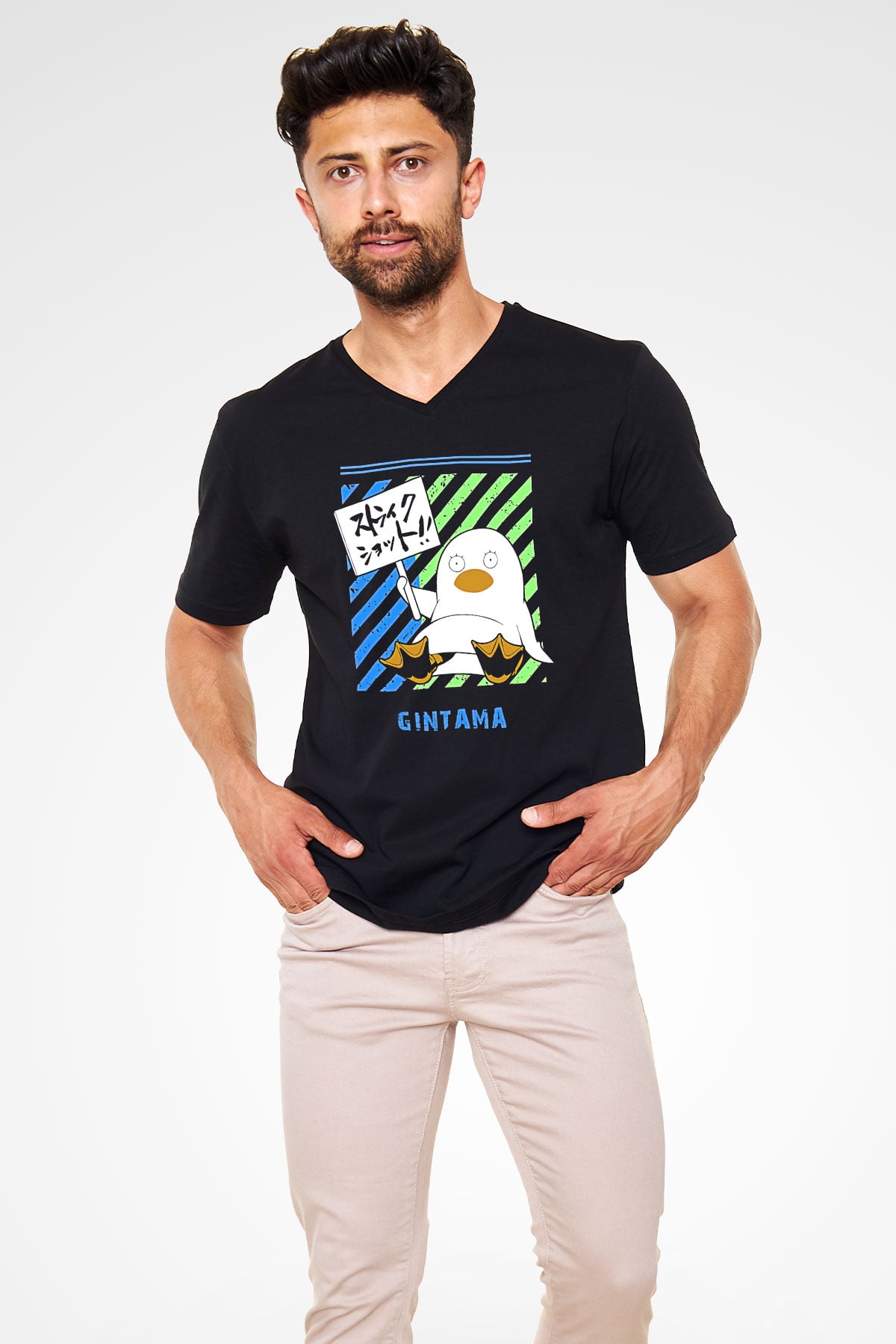 Gintama Baskılı Unisex Siyah V Yaka Tişört - Tshirt