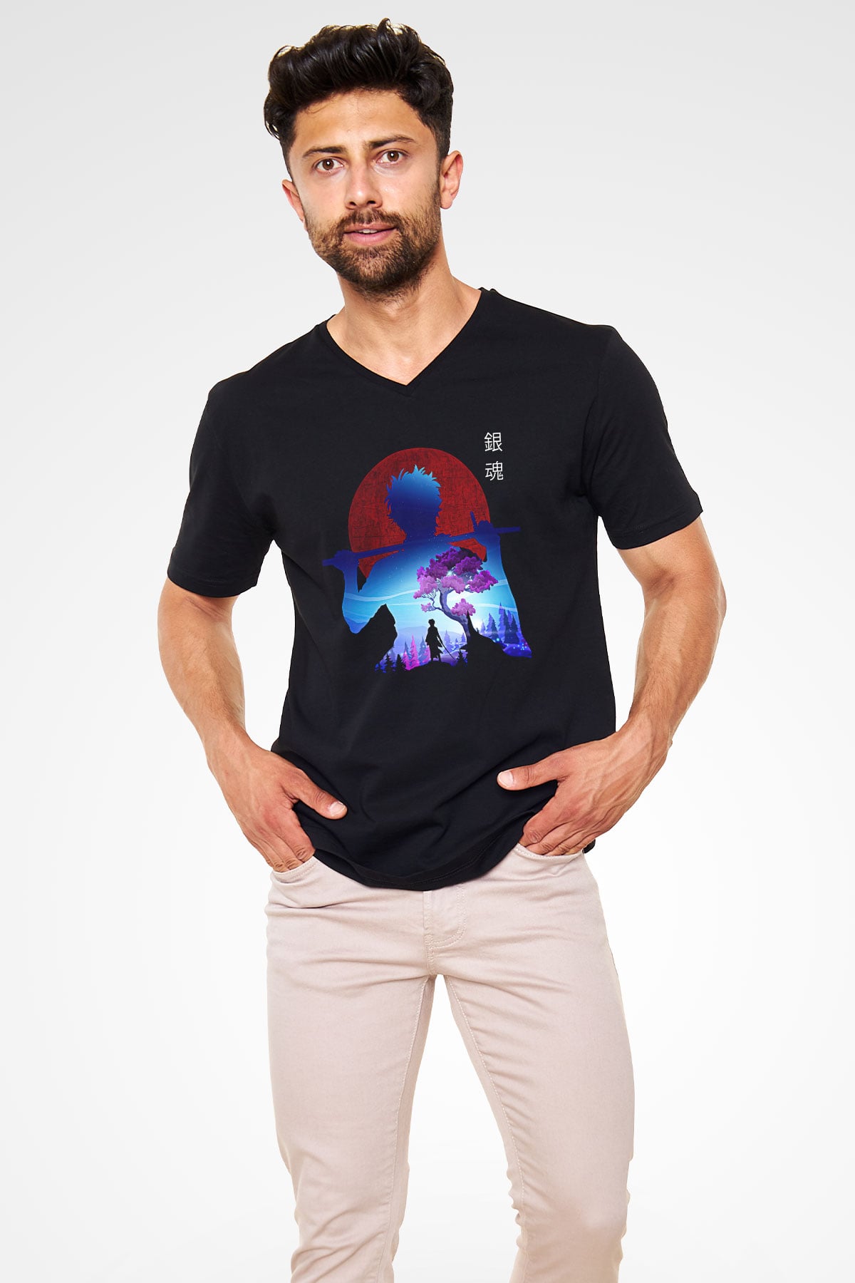 Gintama Baskılı Unisex Siyah V Yaka Tişört - Tshirt