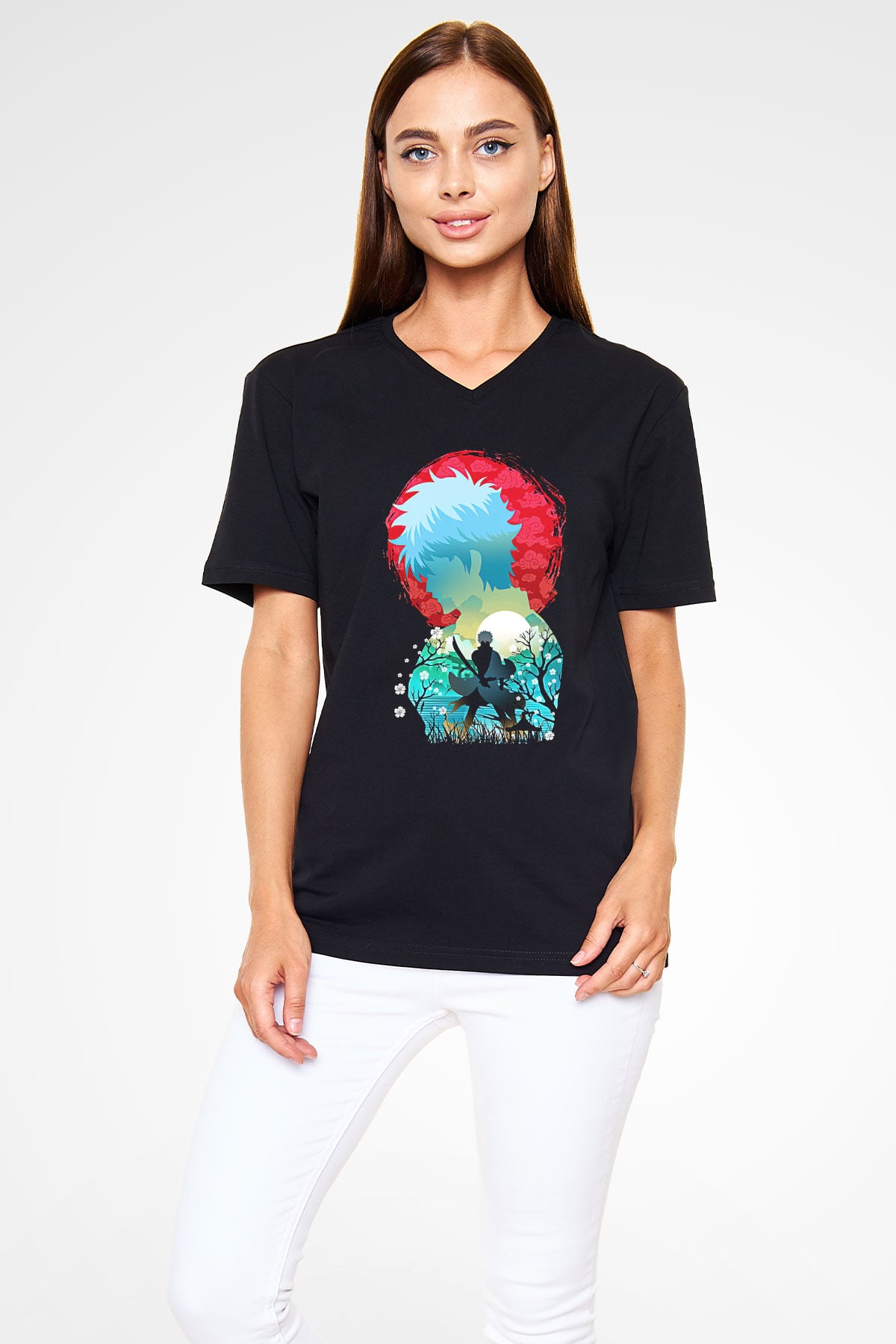 Gintama Baskılı Unisex Siyah V Yaka Tişört - Tshirt