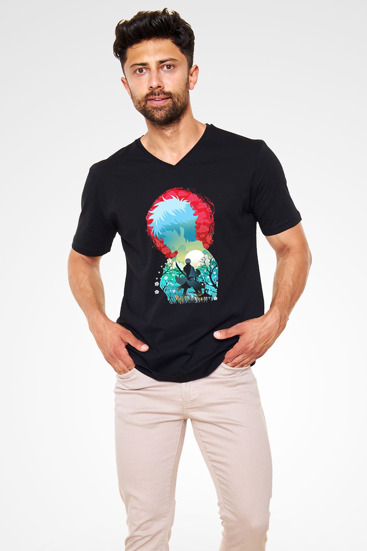 Gintama Baskılı Unisex Siyah V Yaka Tişört - Tshirt