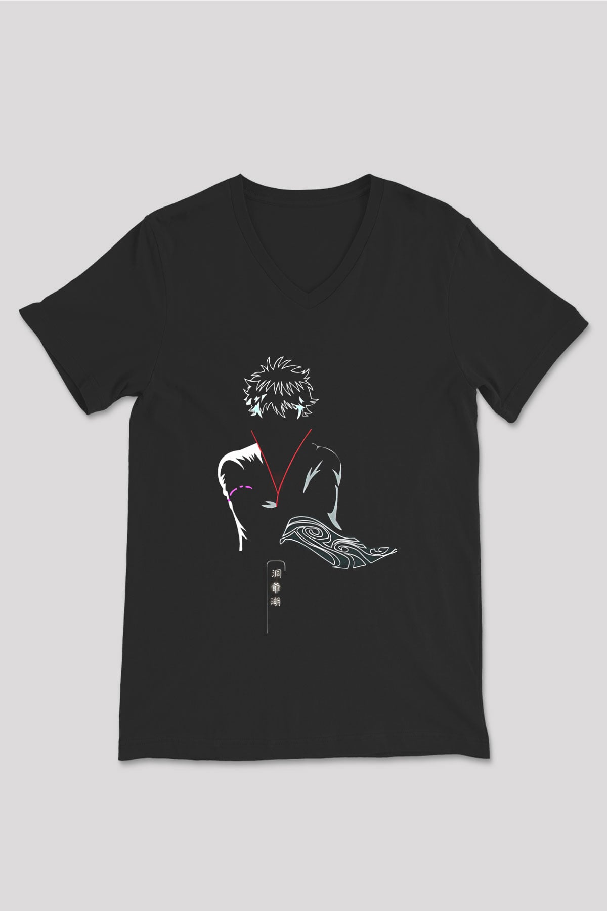 Gintama Baskılı Unisex Siyah V Yaka Tişört - Tshirt