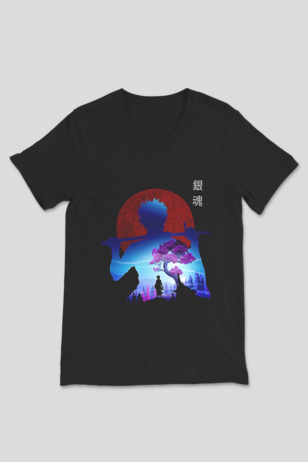 Gintama Baskılı Unisex Siyah V Yaka Tişört - Tshirt
