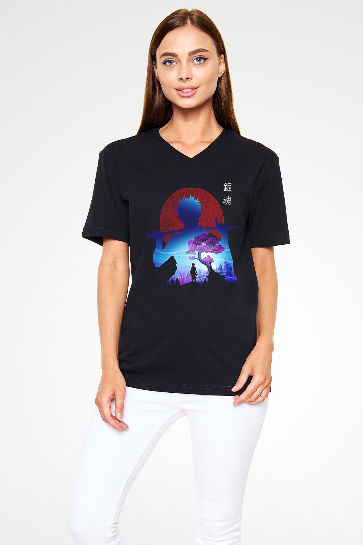 Gintama Baskılı Unisex Siyah V Yaka Tişört - Tshirt
