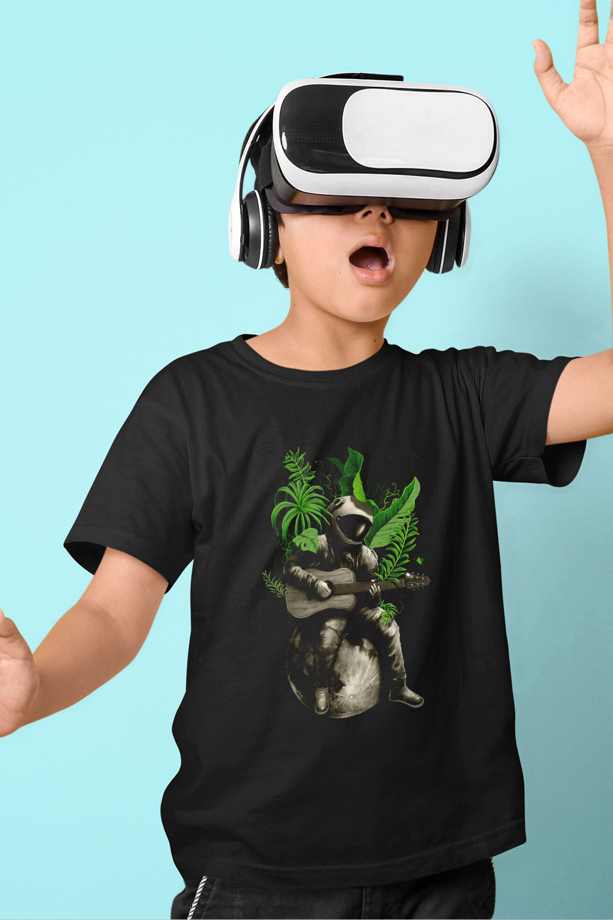 Gitarist Astronot Baskılı Unisex Siyah  Çocuk Tişört