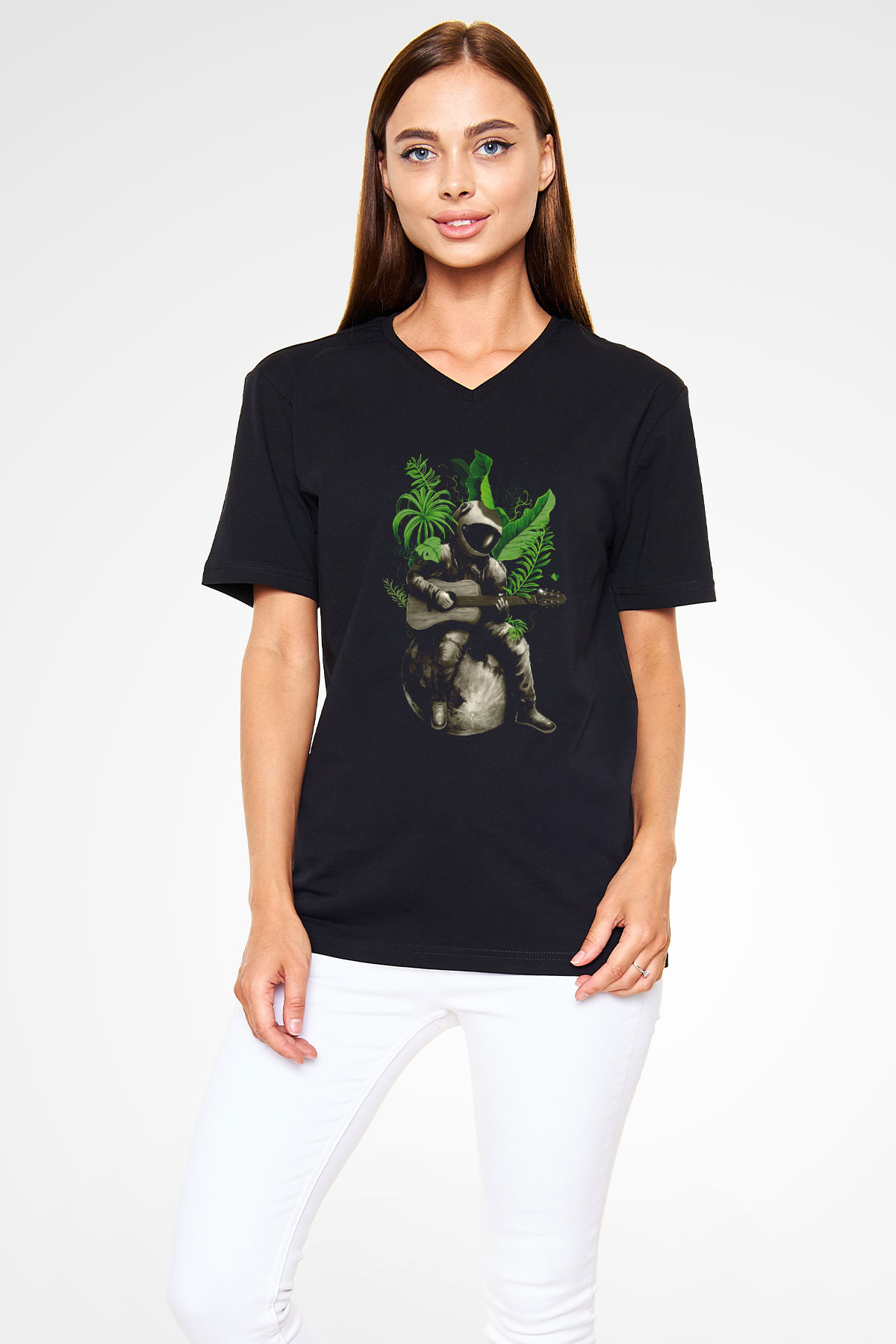 Gitarist Astronot Baskılı Unisex Siyah  V Yaka Tişört