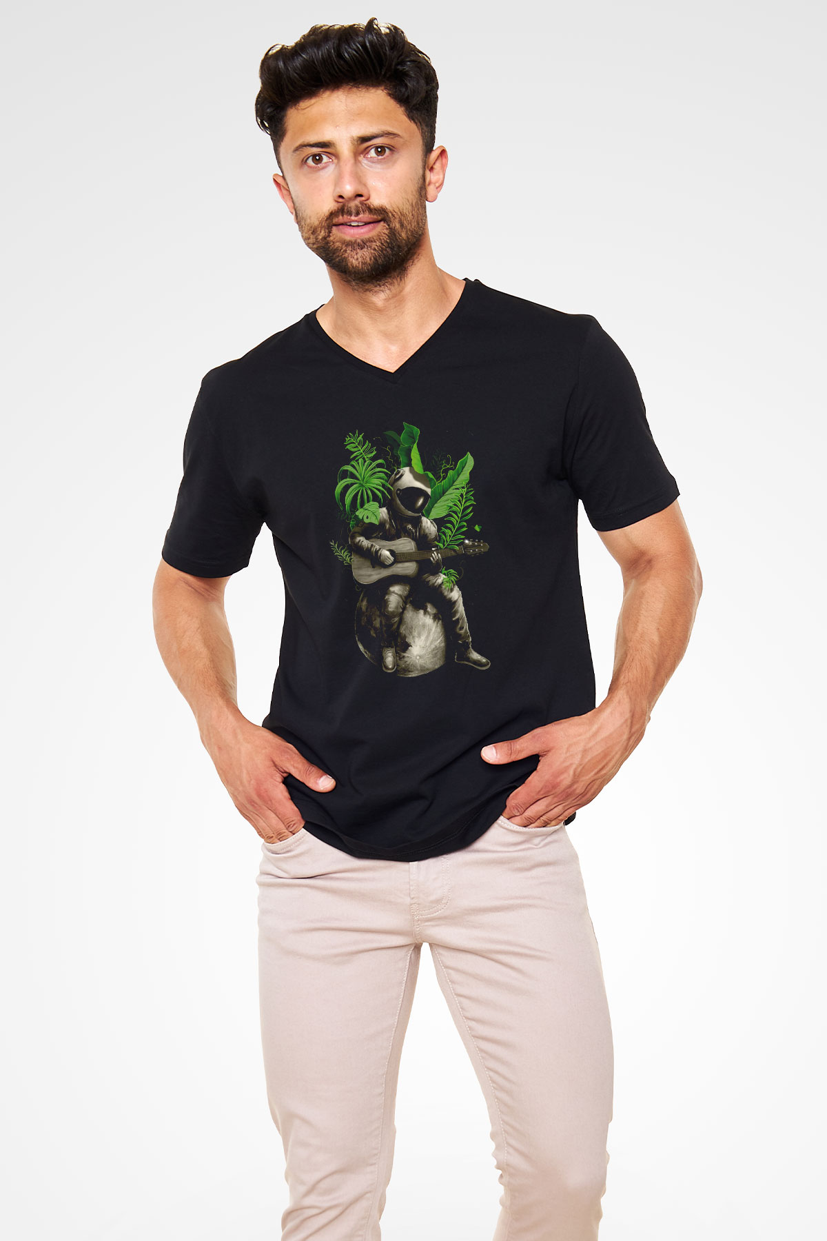 Gitarist Astronot Baskılı Unisex Siyah  V Yaka Tişört