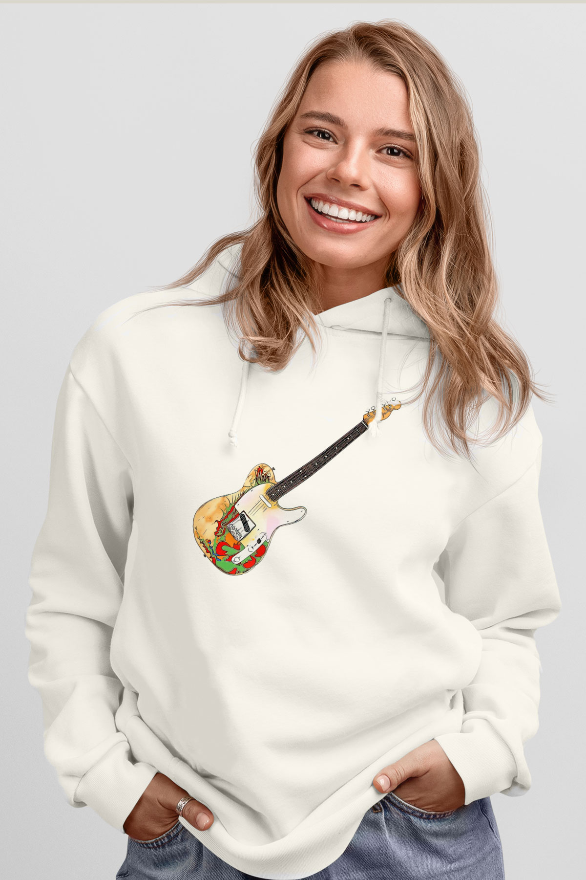 Gitarist Beyaz Unisex Kapüşonlu Sweatshirt
