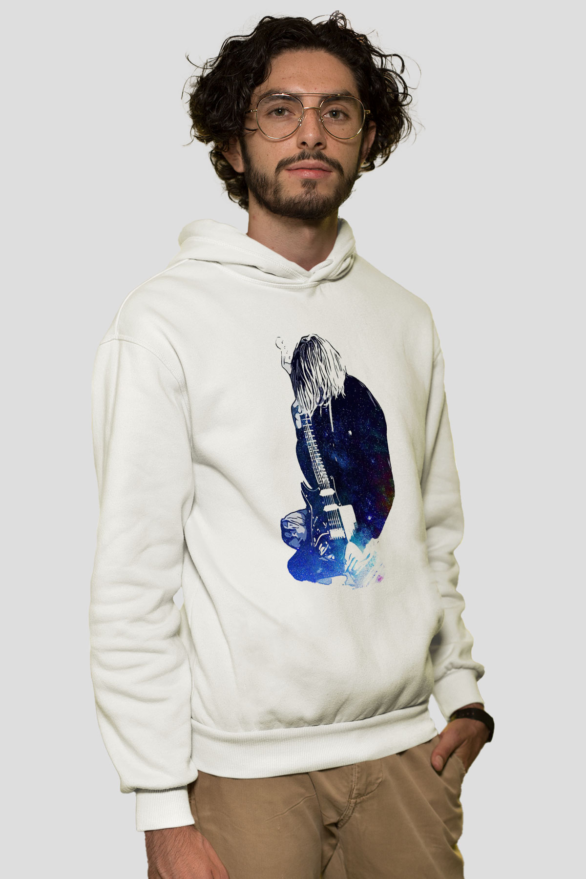 Gitarist Beyaz Unisex Kapüşonlu Sweatshirt
