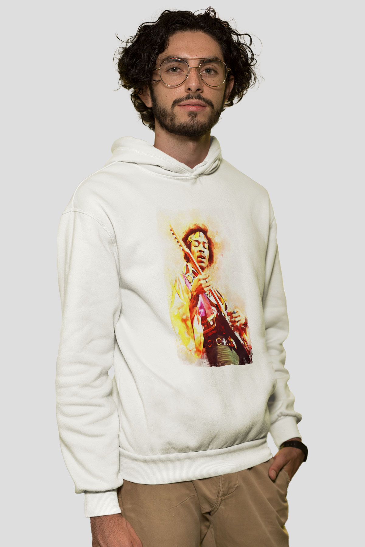 Gitarist Beyaz Unisex Kapüşonlu Sweatshirt