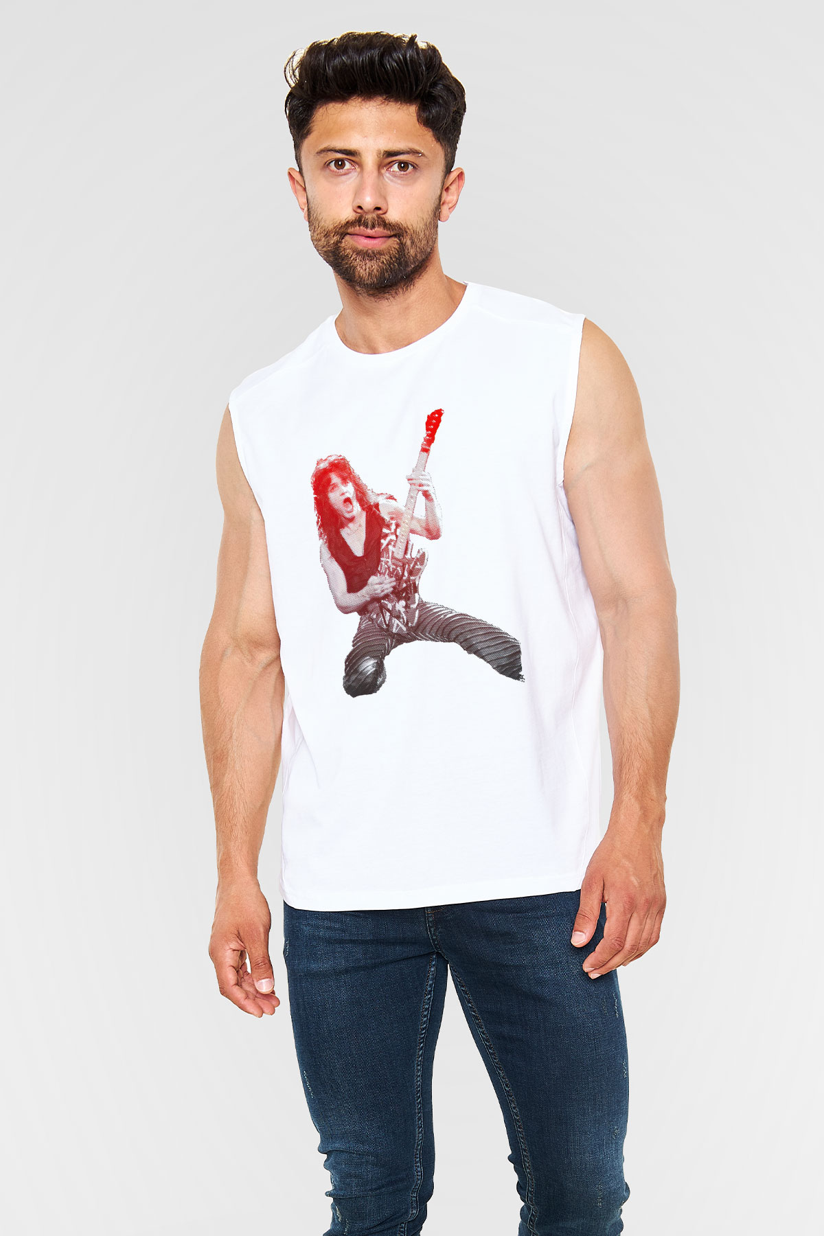 Gitarist Beyaz Unisex Kolsuz Tişört