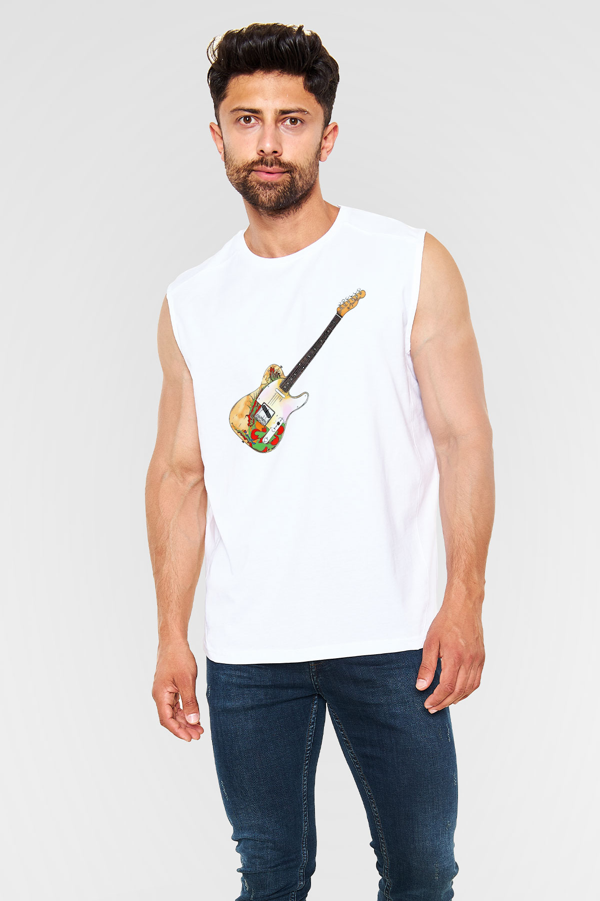 Gitarist Beyaz Unisex Kolsuz Tişört