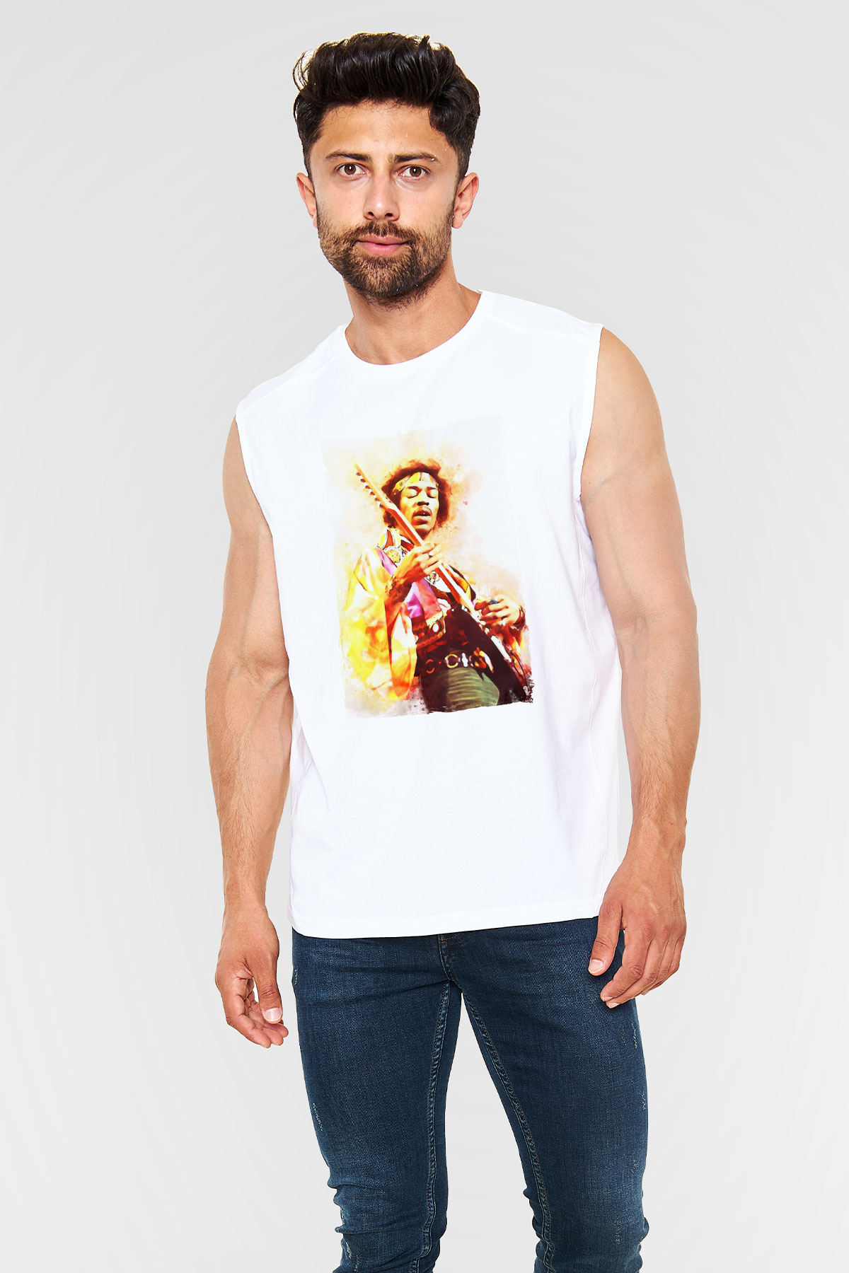 Gitarist Beyaz Unisex Kolsuz Tişört
