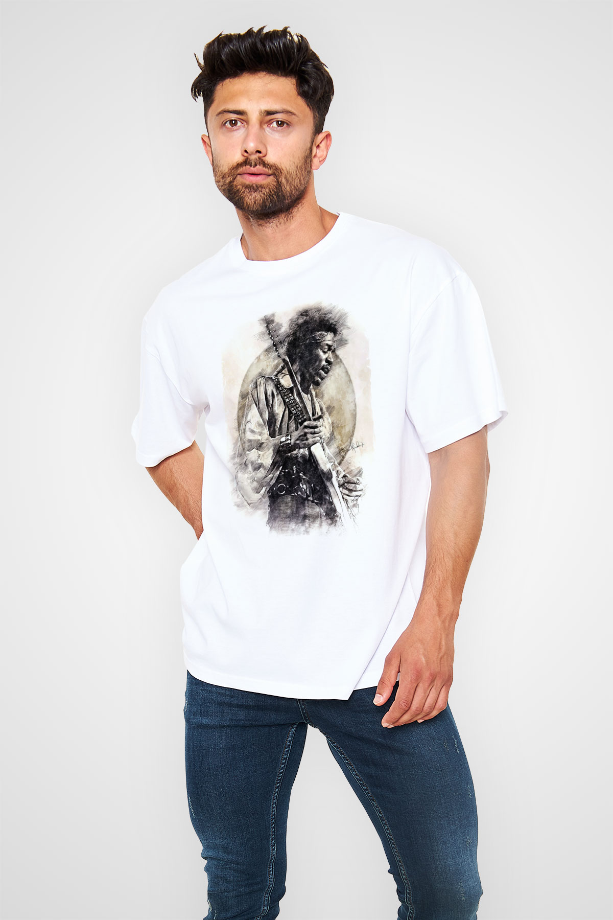 Gitarist Beyaz Oversize Tişört Oversize T-shirt - TişörtFabrikası