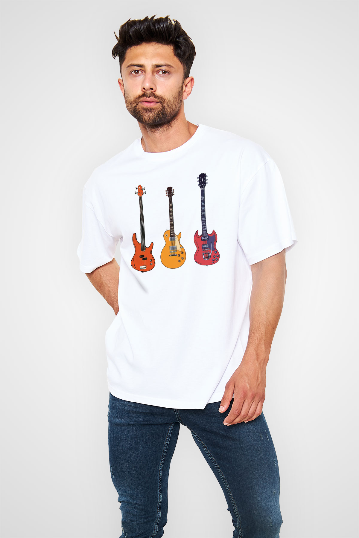 Gitarist Beyaz Oversize Tişört Oversize T-shirt - TişörtFabrikası