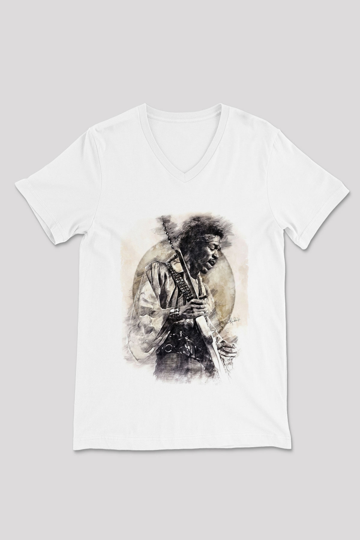 Gitarist Beyaz Unisex V Yaka Tişört