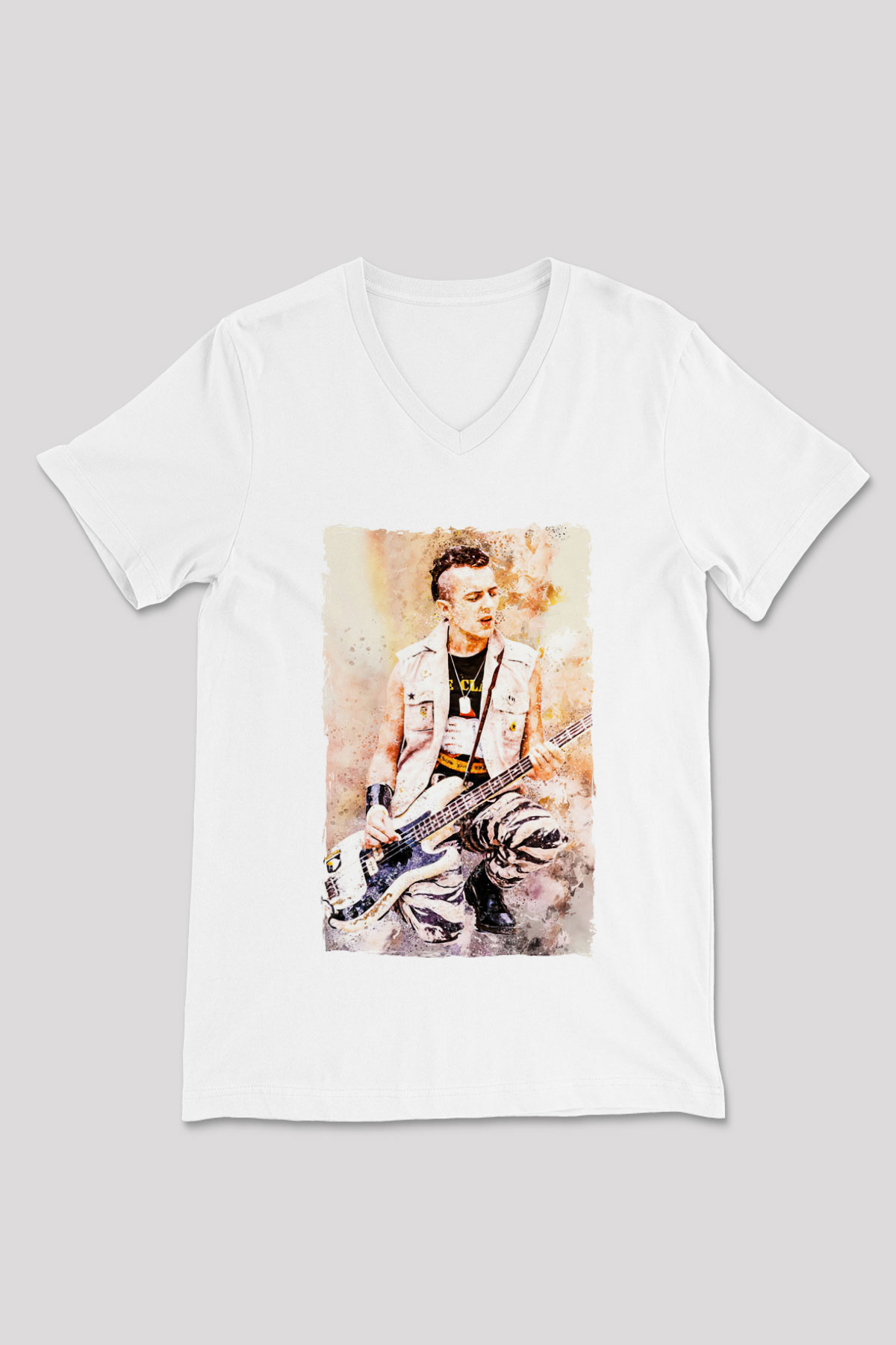 Gitarist Beyaz Unisex V Yaka Tişört