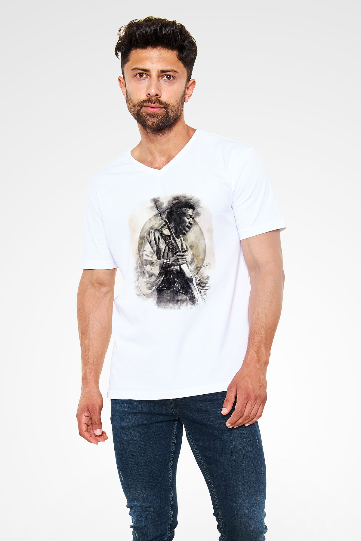 Gitarist Beyaz Unisex V Yaka Tişört