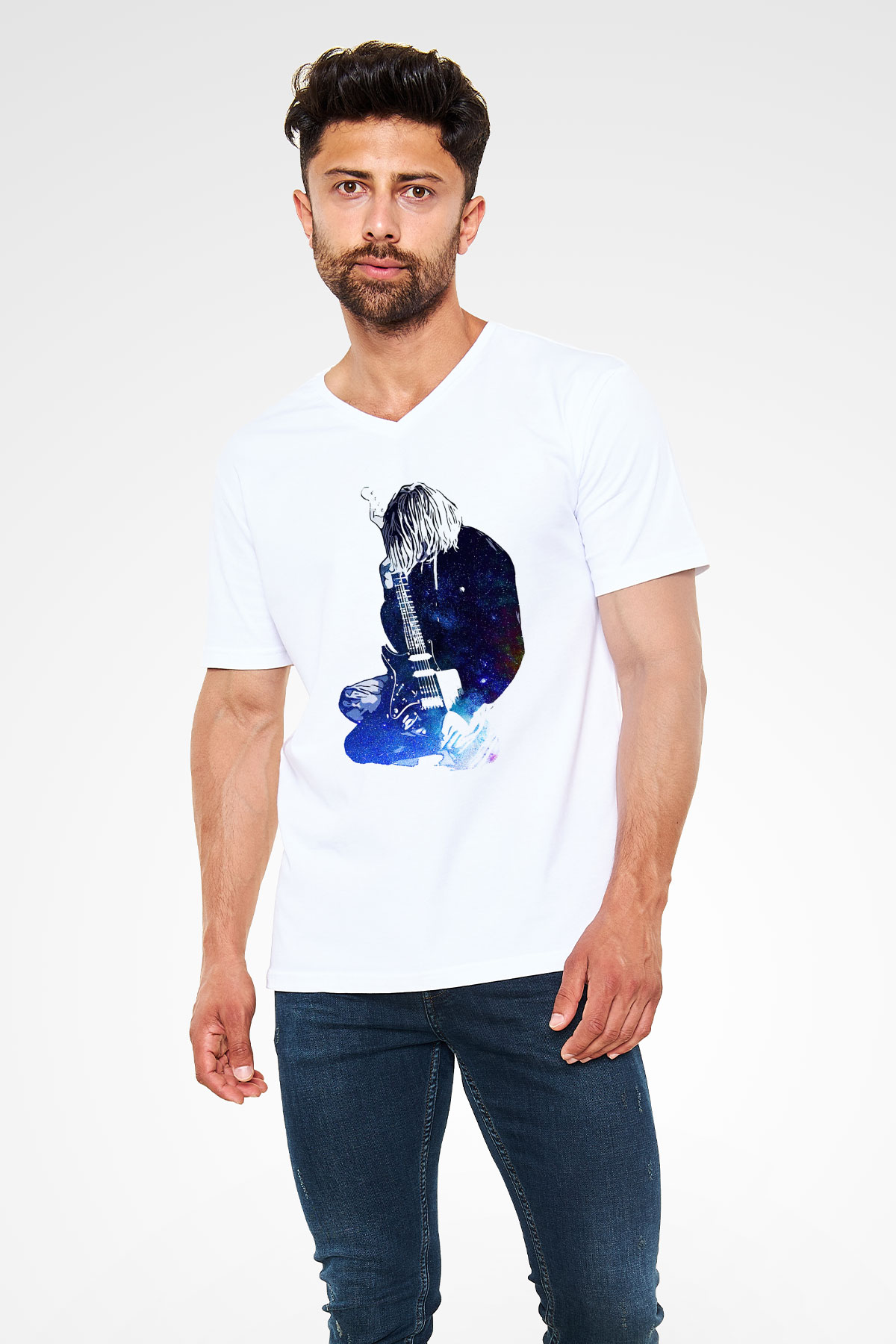 Gitarist Beyaz Unisex V Yaka Tişört