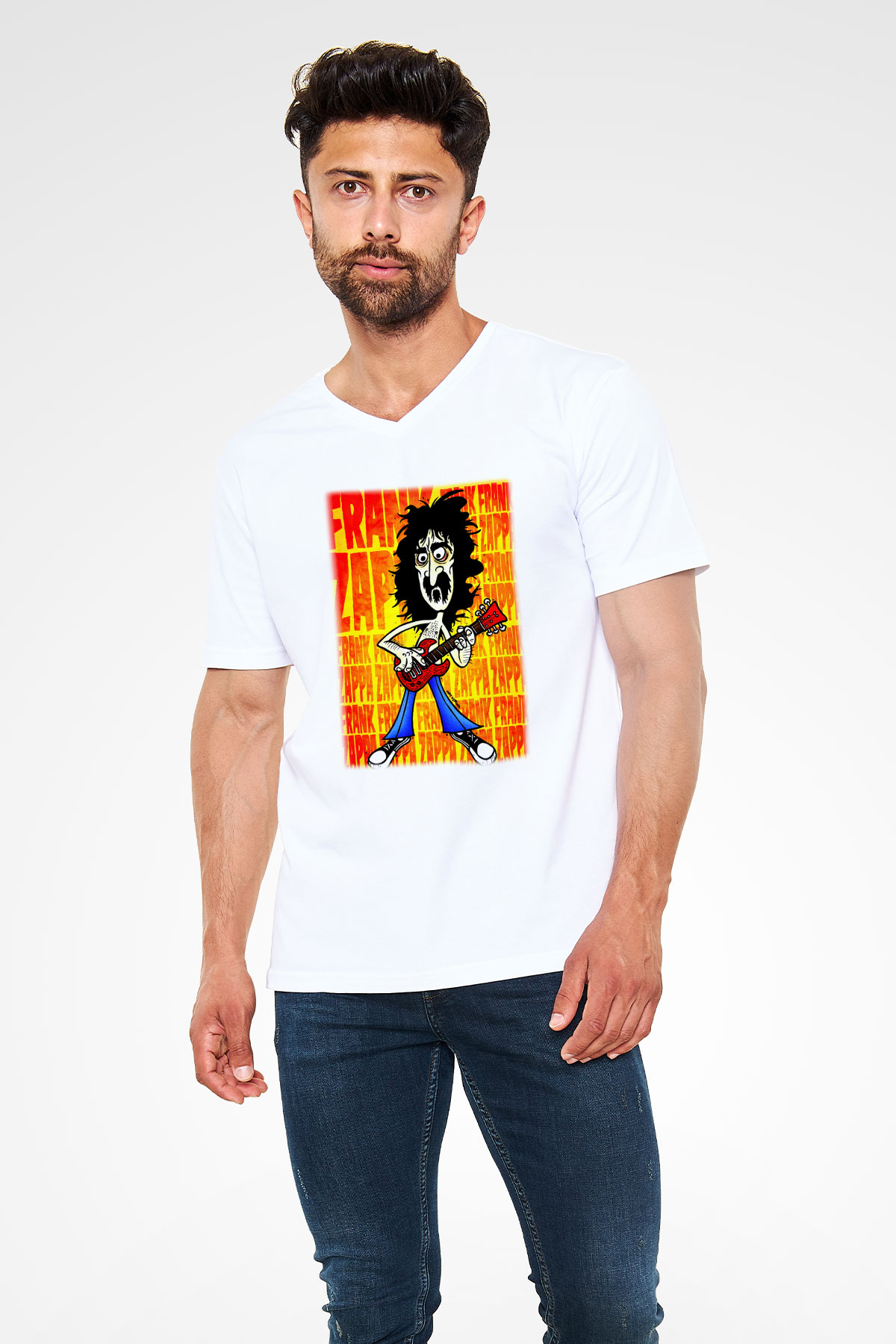 Gitarist Beyaz Unisex V Yaka Tişört T-Shirt