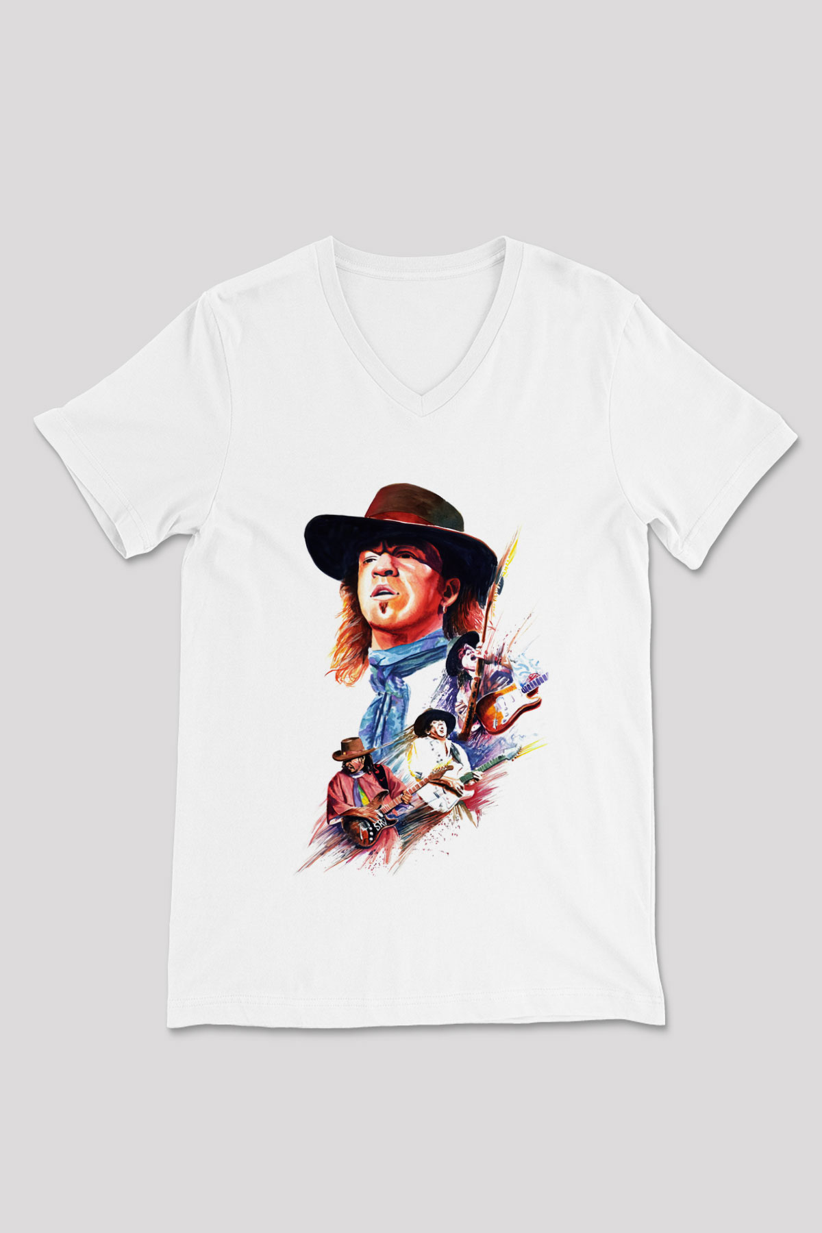 Gitarist Beyaz Unisex V Yaka Tişört T-Shirt