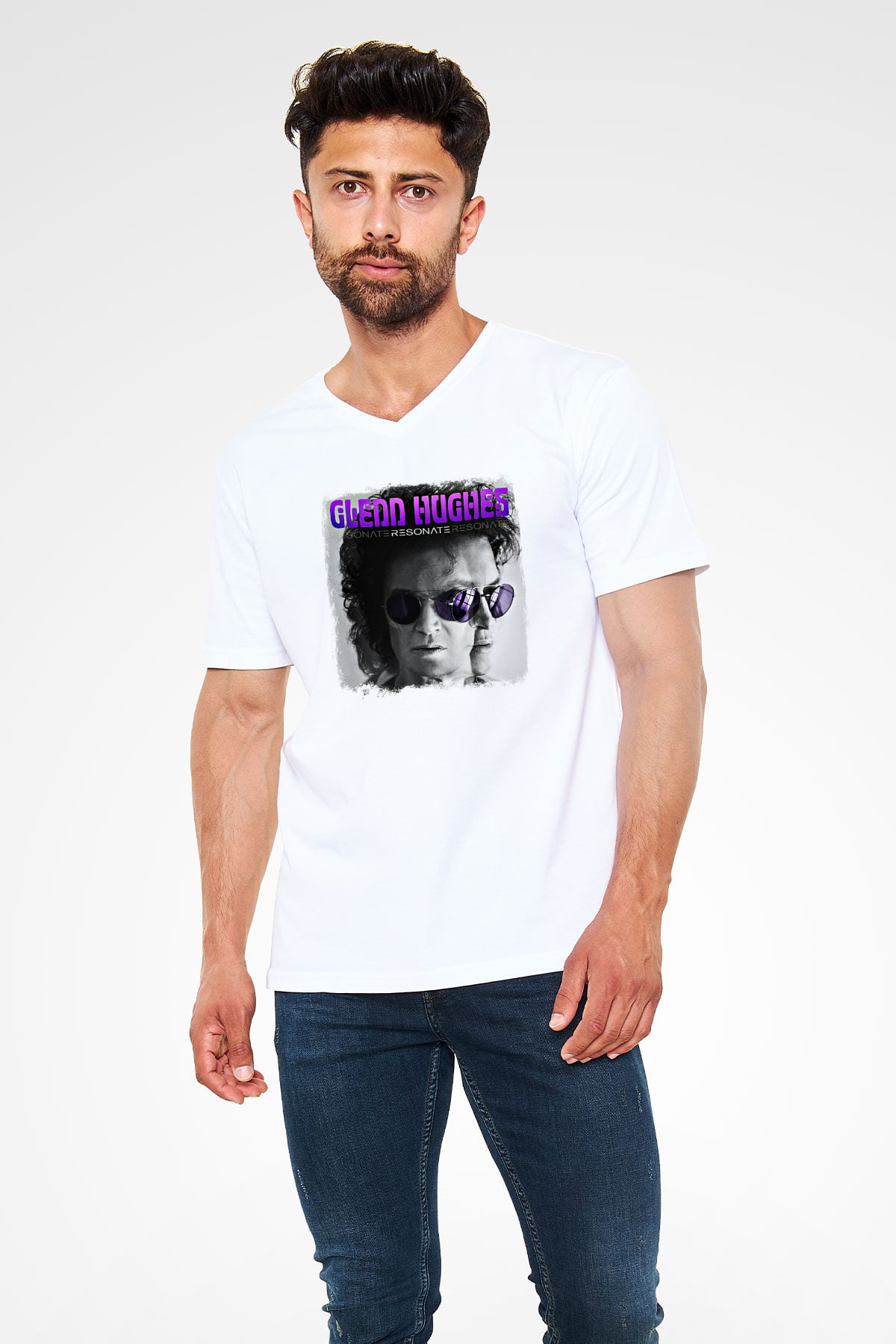 Glenn Hughes Baskılı Unisex Beyaz V Yaka Tişört