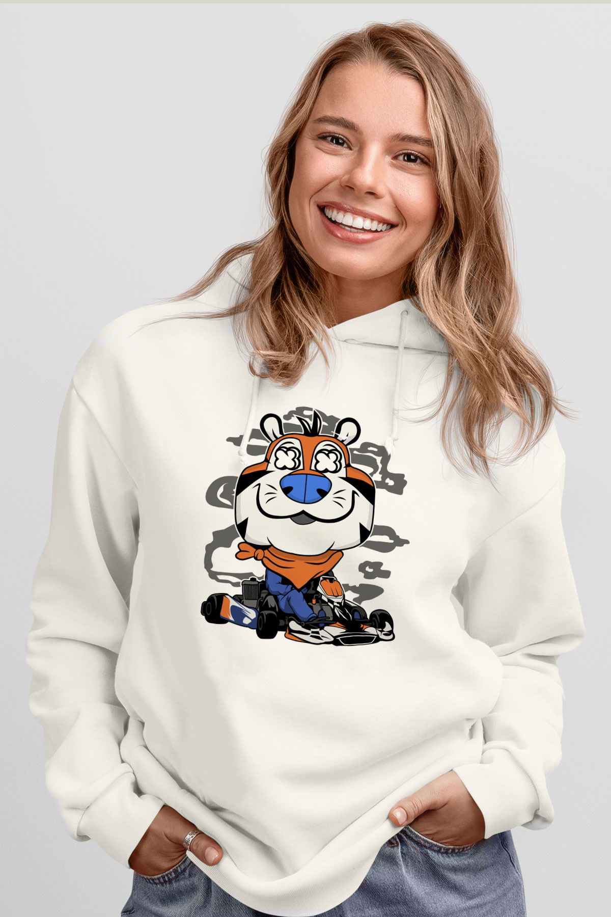 Go Kart Tony Baskılı Unisex Beyaz Hoodie