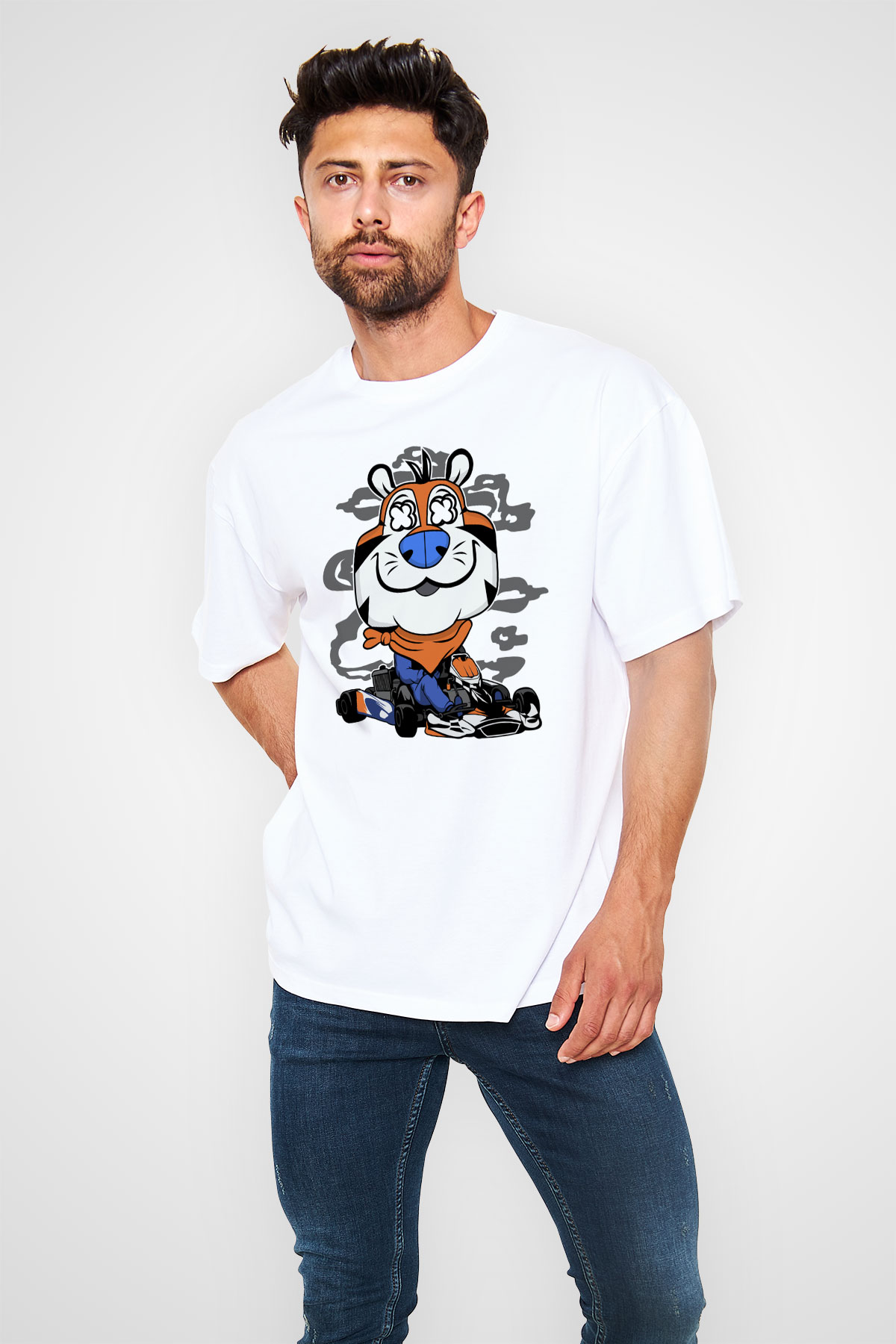 Go Kart Tony Baskılı Unisex Beyaz Oversize Tişört