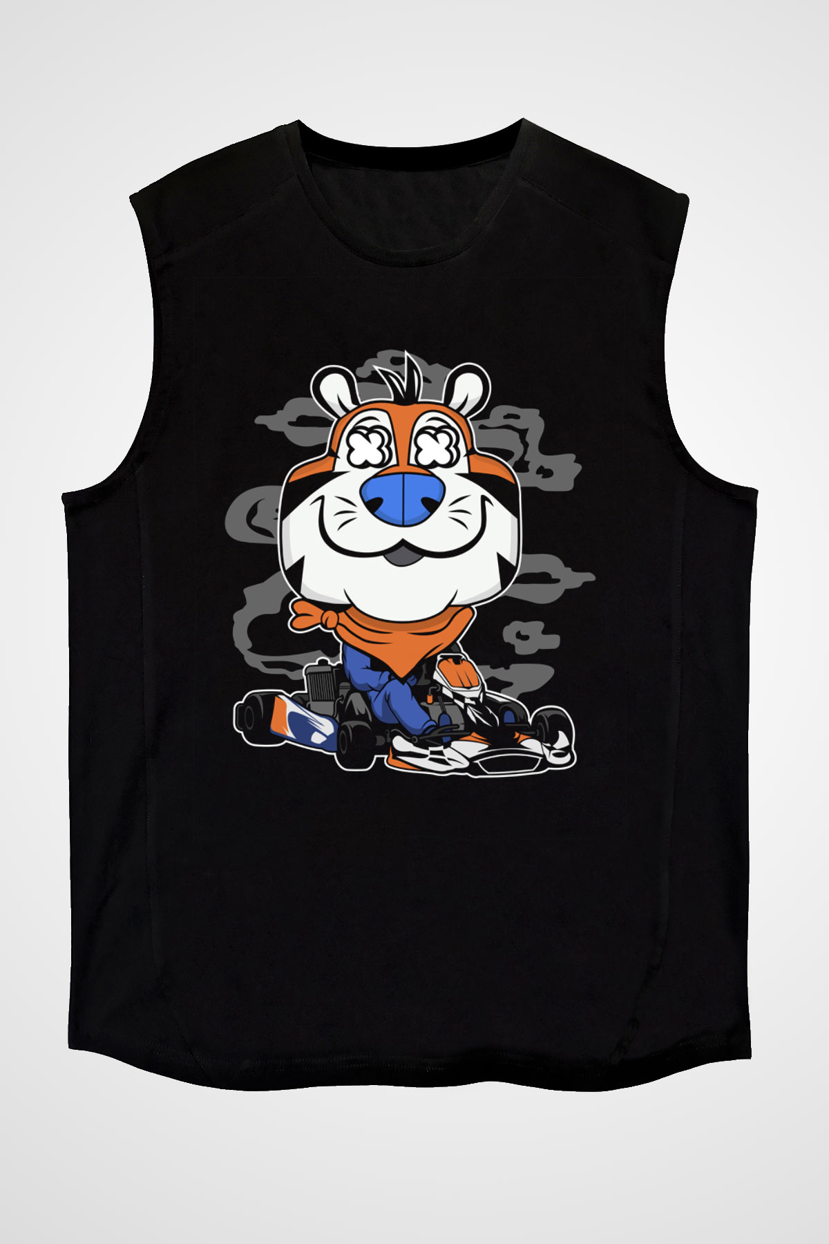 Go Kart Tony Baskılı Unisex Siyah Kolsuz Tişört