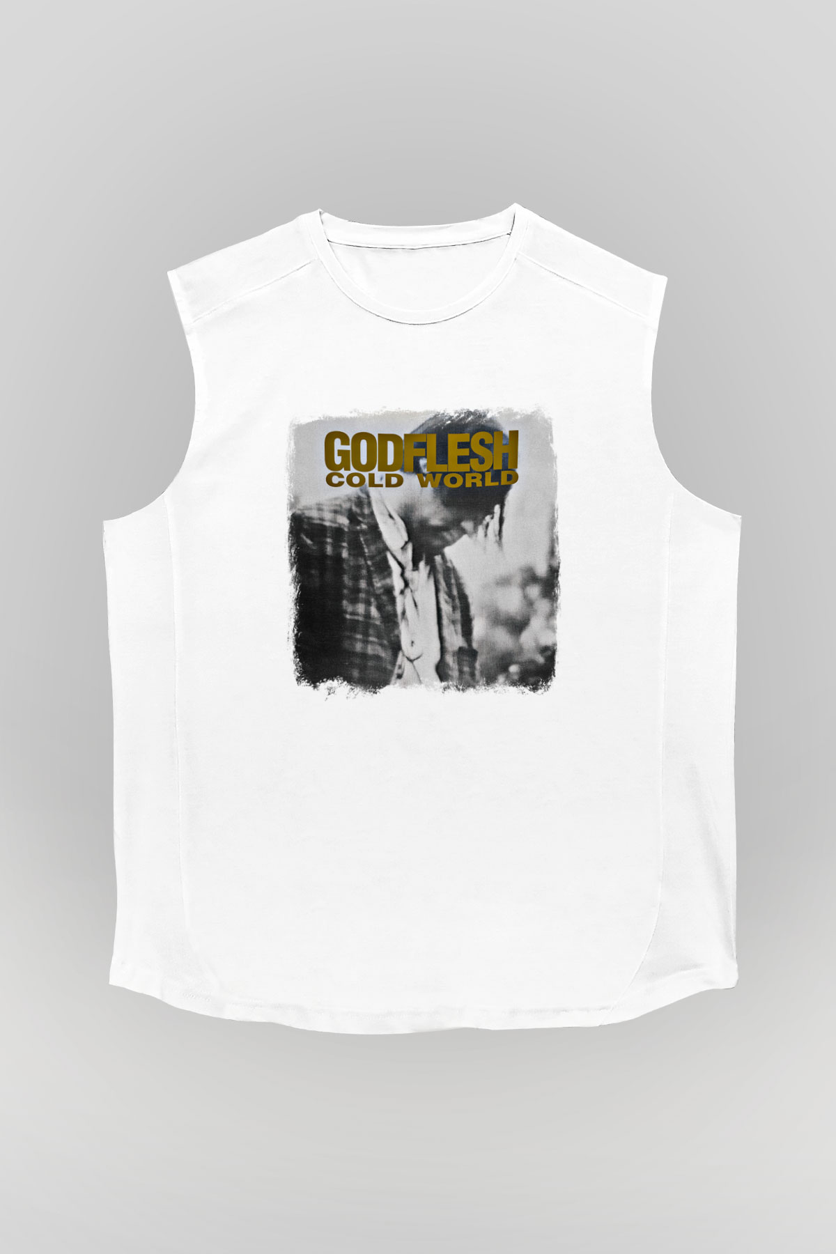 Godflesh Baskılı Unisex Beyaz Kolsuz Tişört